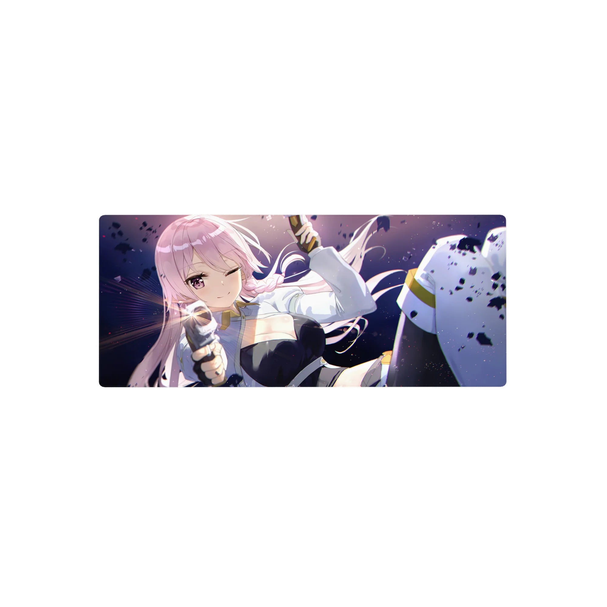Anime girl mouse pad 28x12 inches with winking pink-haired fighter in white jacket and black outfit.