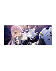 Anime girl mouse pad 28x12 inches with winking pink-haired fighter in white jacket and black outfit.