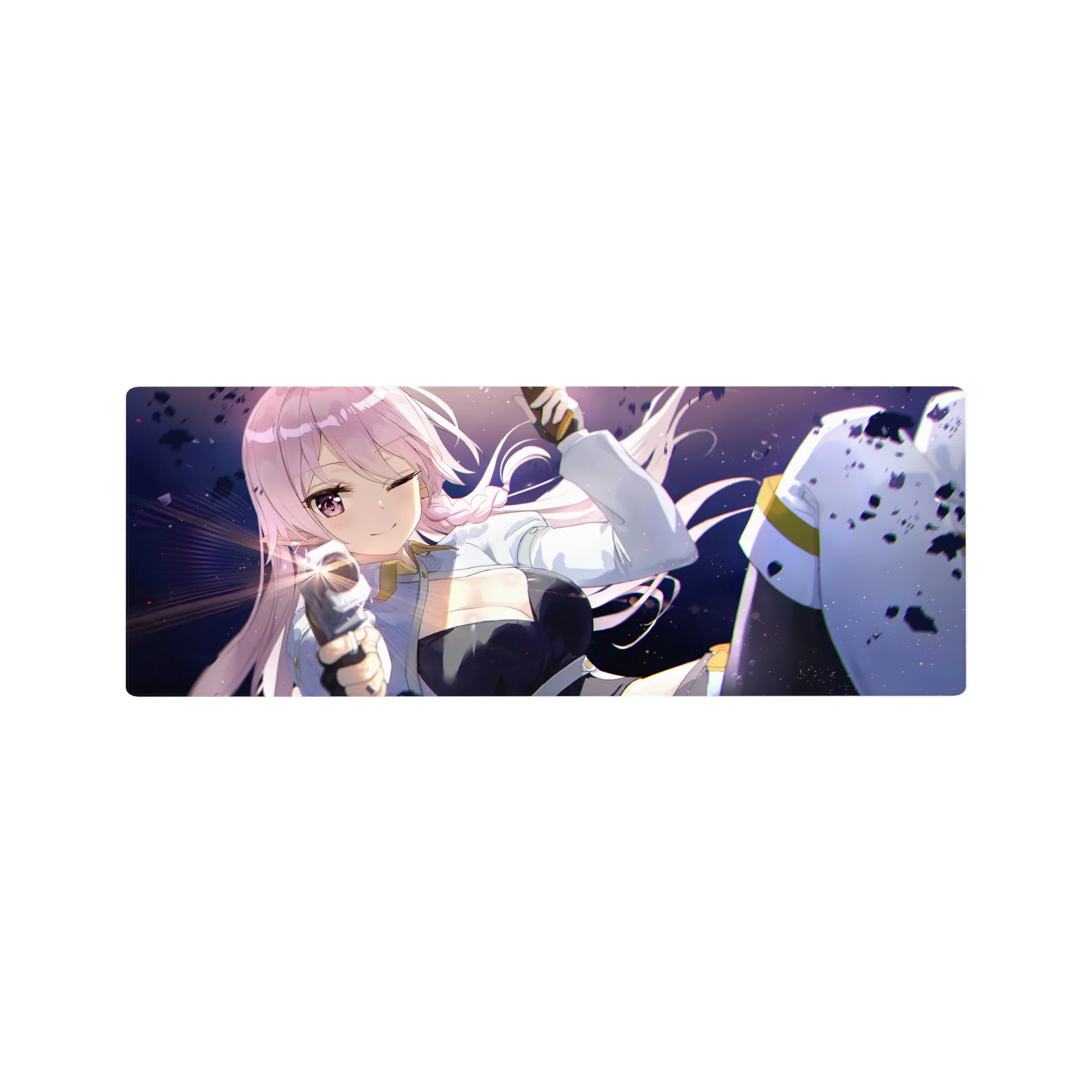 Anime girl mouse pad 32x12 inches with winking pink-haired heroine in white jacket on black outfit.