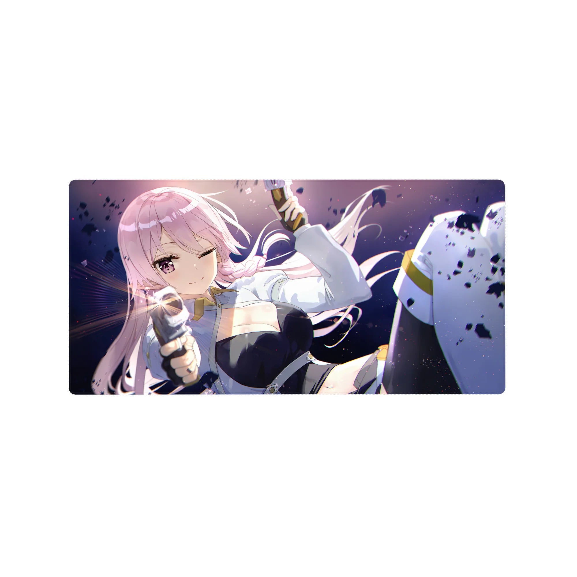 32x16 inches anime girl mouse pad with pastel pink hair, wink pose, white jacket, and black outfit.