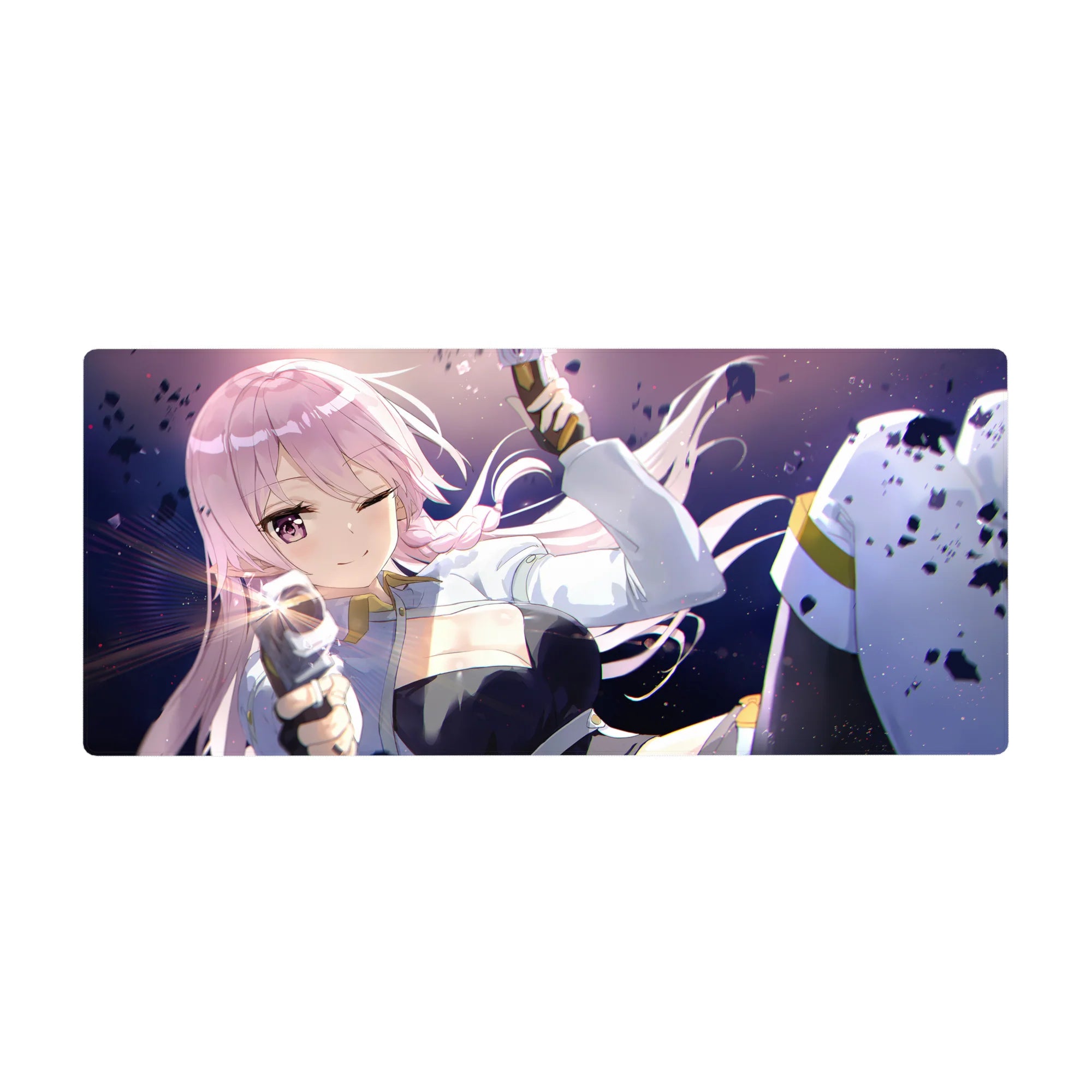 Anime girl desk pad 36x16 inches with winking pink-haired character, white jacket, and black outfit.