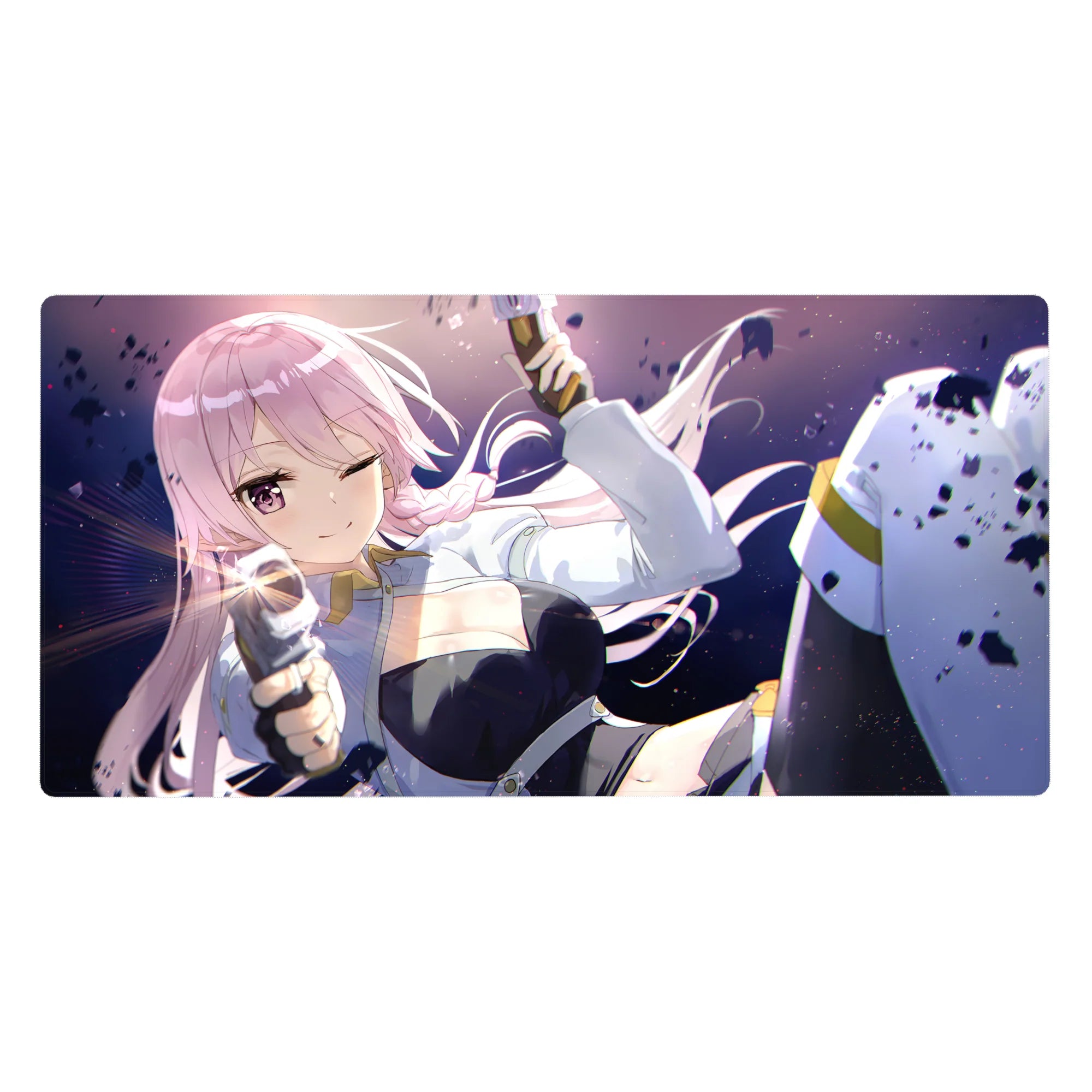 Anime girl desk pad 40x20 inches with winking pink-haired character in white jacket and black outfit.