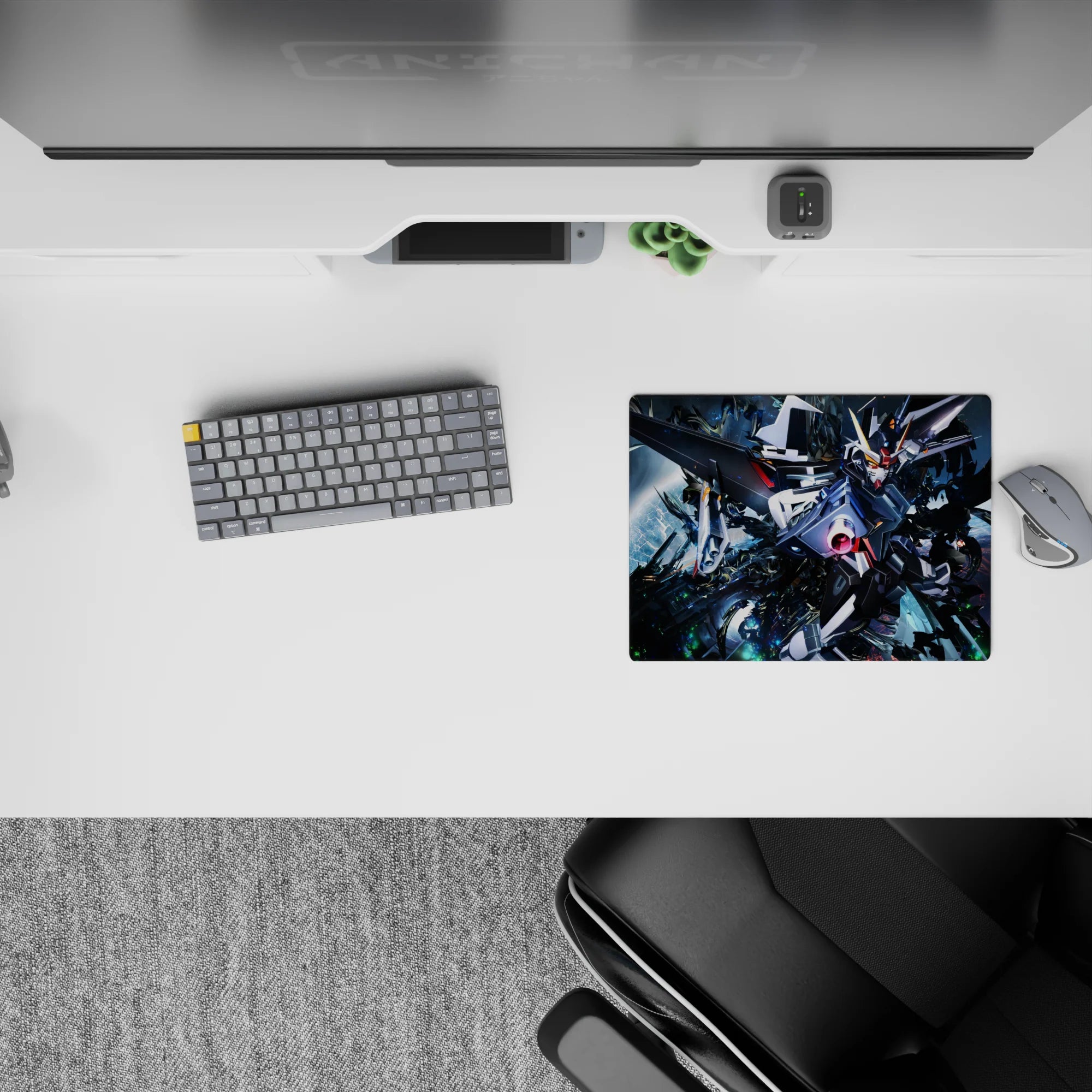 14x10 inches classic anime mouse pad in deep space blues, metallic whites, neon sparks, pink cannon glow.