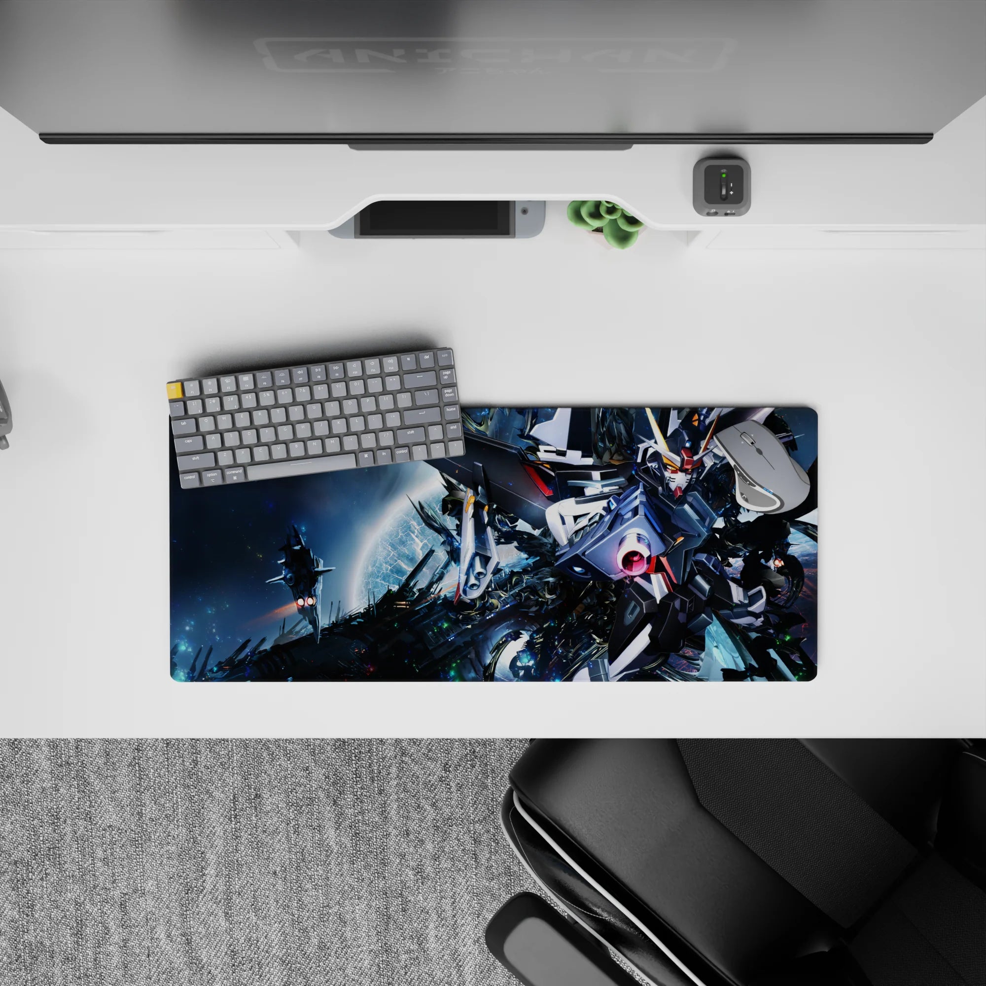 28x12 inches anime mouse pad in metallic white and gunmetal on deep space blues, neon sparks and hot pink glow.