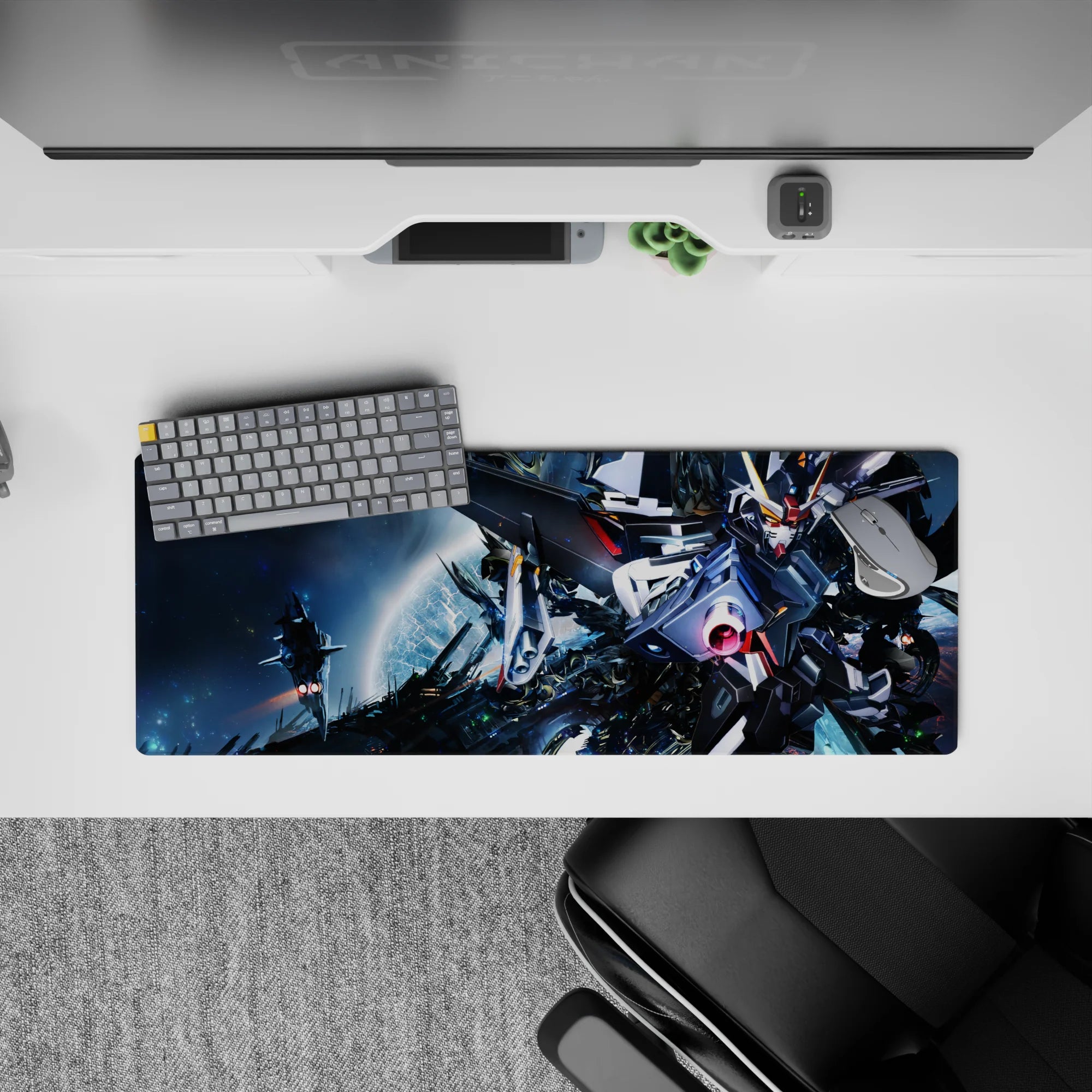 32x12 inches anime mouse pad in deep space blues with metallic whites, neon sparks, and pink cannon glow.