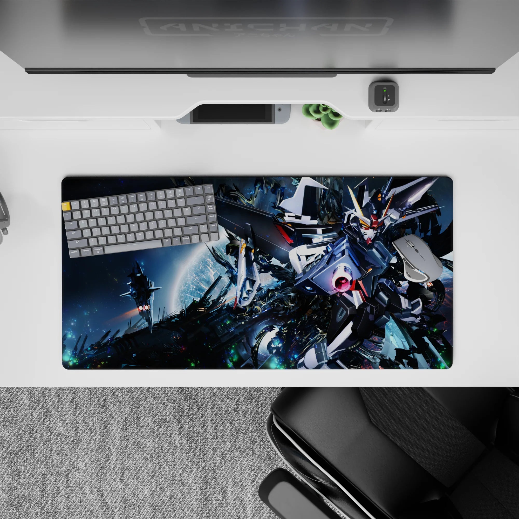 32x16 inches anime mouse pad in deep space blues with metallic whites, gunmetal panels, neon sparks, pink glow.