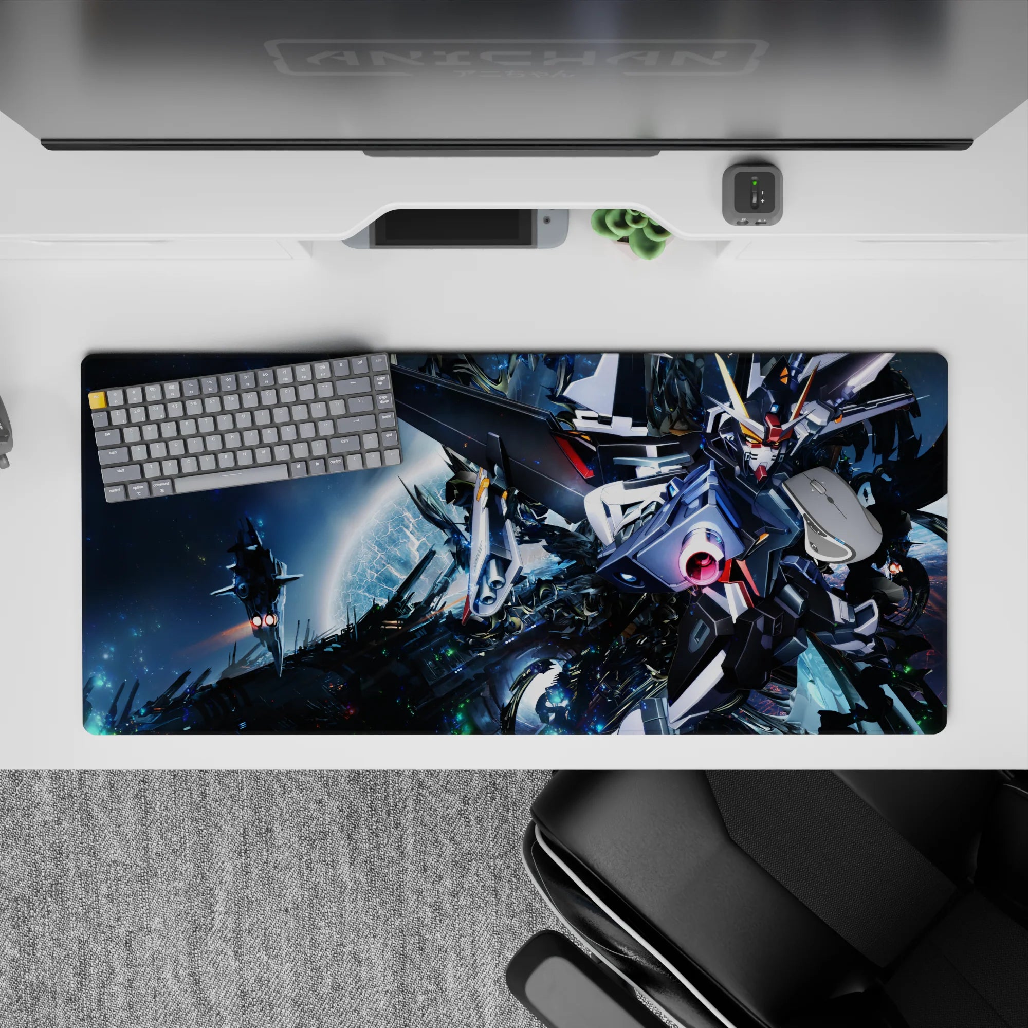 36x16 inches anime mouse pad in deep space blues with metallic white armor, gunmetal plates, neon sparks.