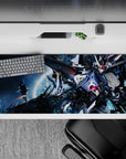 36x16 inches anime mouse pad in deep space blues with metallic white armor, gunmetal plates, neon sparks.
