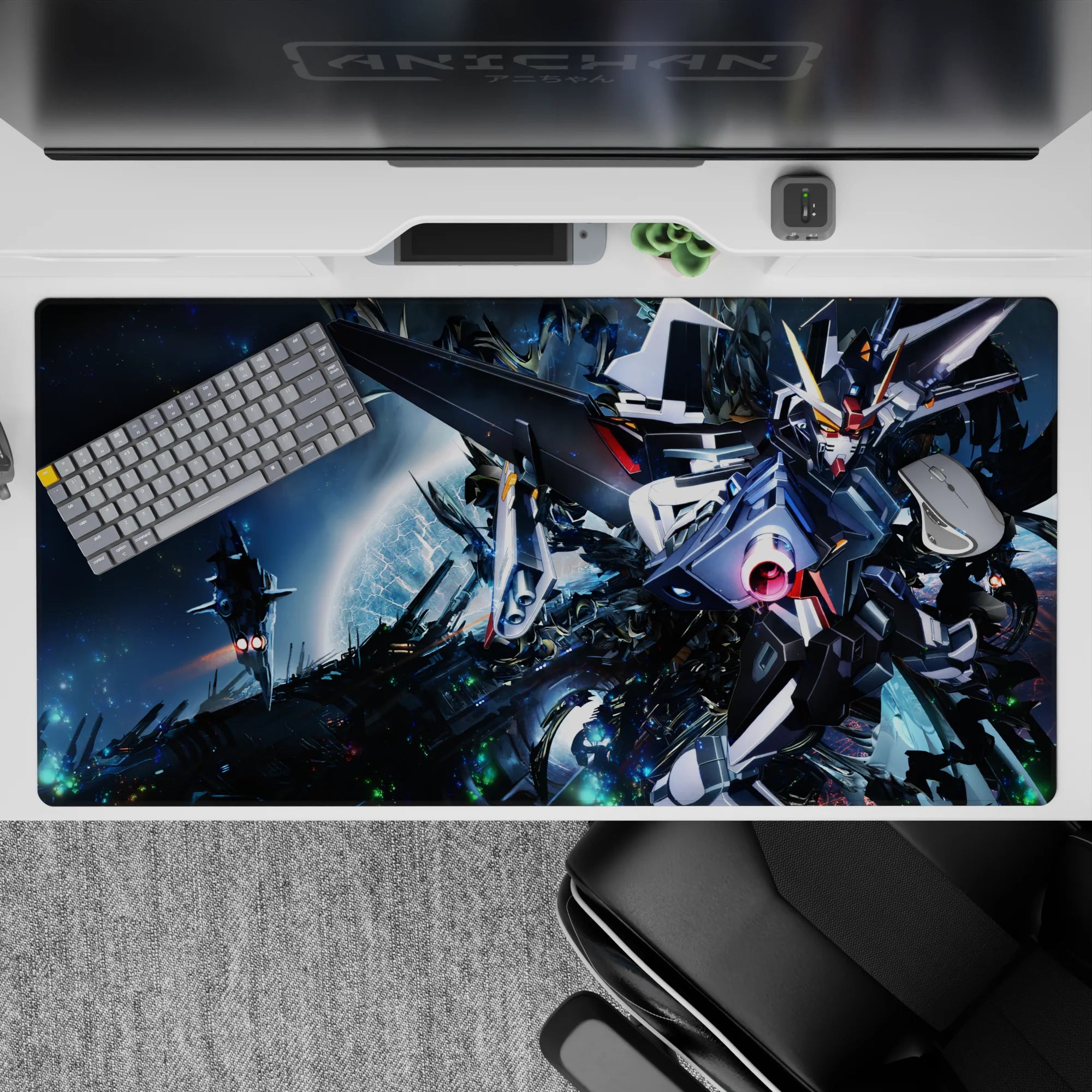 40x20 inches anime desk pad in deep space blues, metallic white armor, neon sparks, and pink cannon glow.