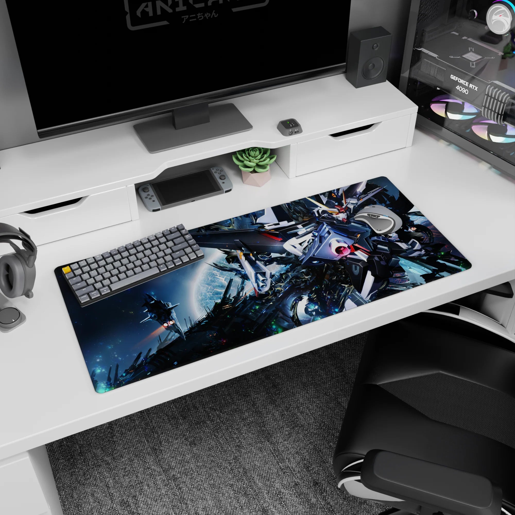 36x16 inches desk pad showing Strike Gundam SEED firing a glowing pink beam cannon across the stars.