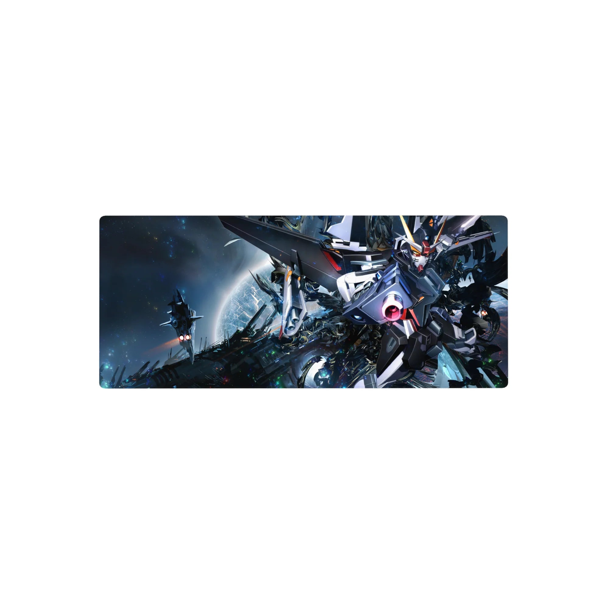 28x12 inches anime mouse pad with Strike Gundam in a starry space battle, crisp panel lines and beam cannon glow.