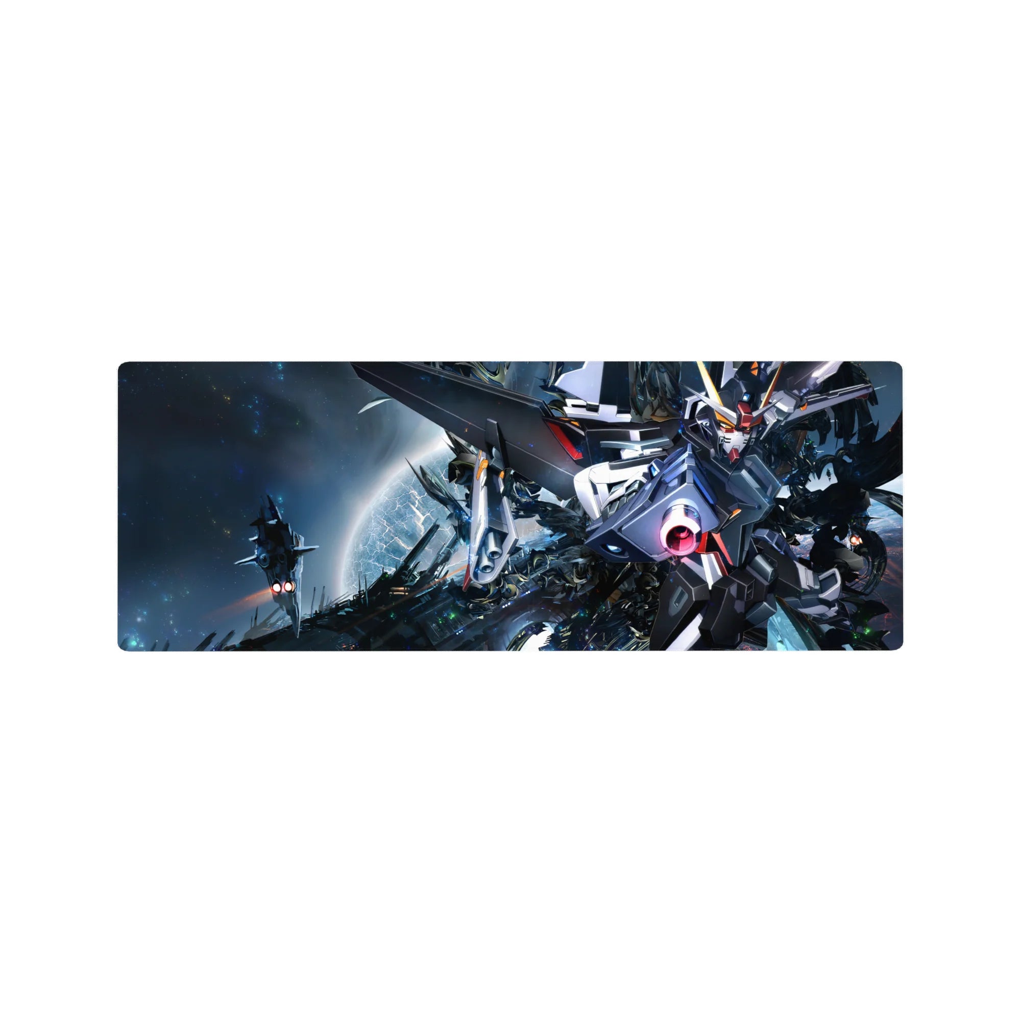 32x12 inches anime mouse pad with Strike Gundam in a starry space battle, metallic armor and beam effects.