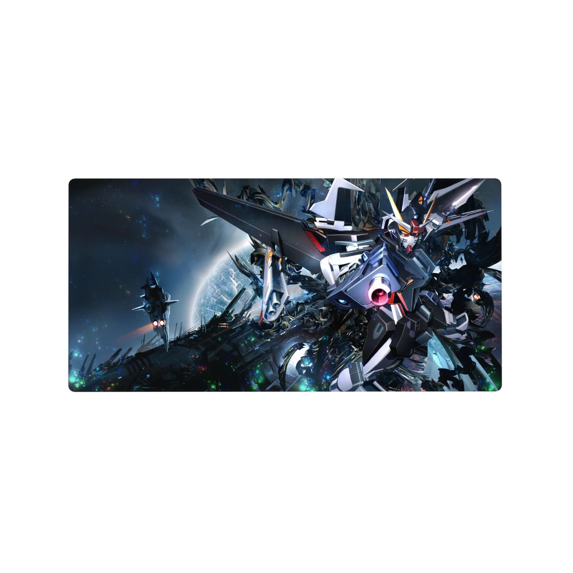 32x16 inches anime mouse pad with Strike Gundam in deep space, metallic armor, neon sparks, and cannon glow.