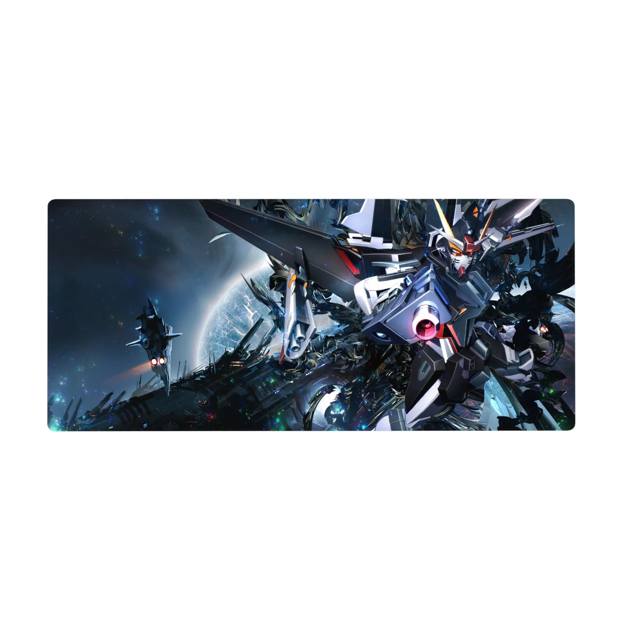 36x16 inches anime desk pad with Strike Gundam in a starry space battle, crisp panel lines and smooth tracking.