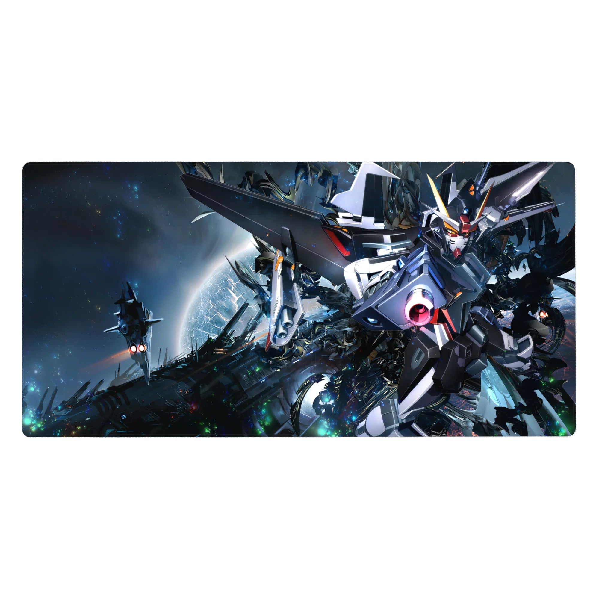 40x20 inches anime desk pad with Strike Gundam in starry space battle, crisp panel lines and smooth tracking.