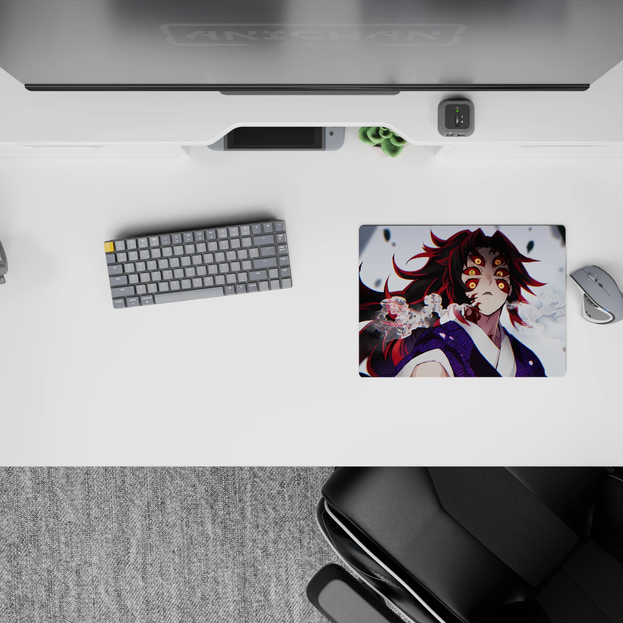 Kokushibo Demon Slayer mouse pad, 14x10 inches, featuring his six amber eyes, swirls of red and black, and ethereal mist.