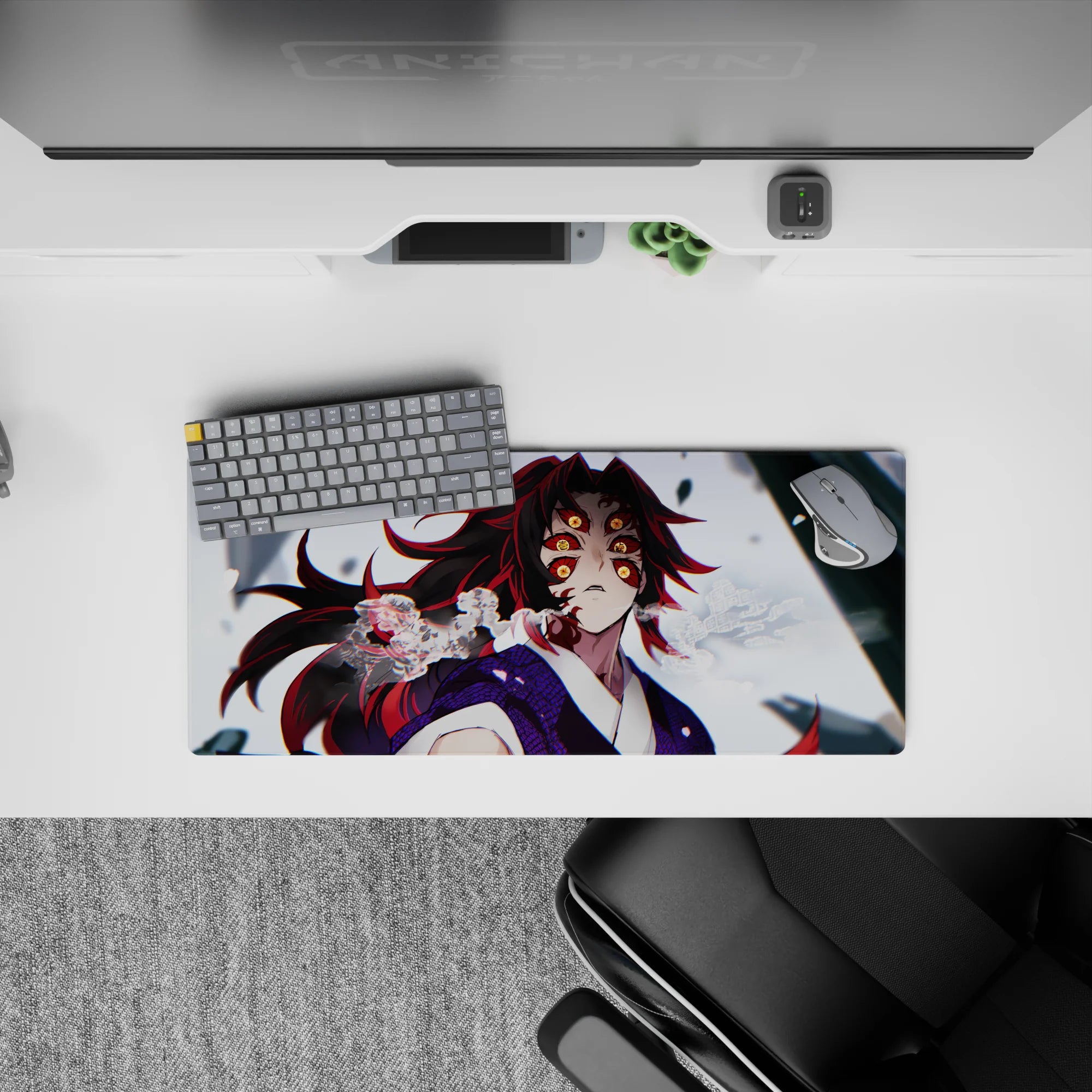 Kokushibo Demon Slayer mouse pad, 28x12 inches, features his six amber eyes, crimson hair, and swirling mist details.