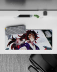 Kokushibo Demon Slayer mouse pad, 28x12 inches, features his six amber eyes, crimson hair, and swirling mist details.
