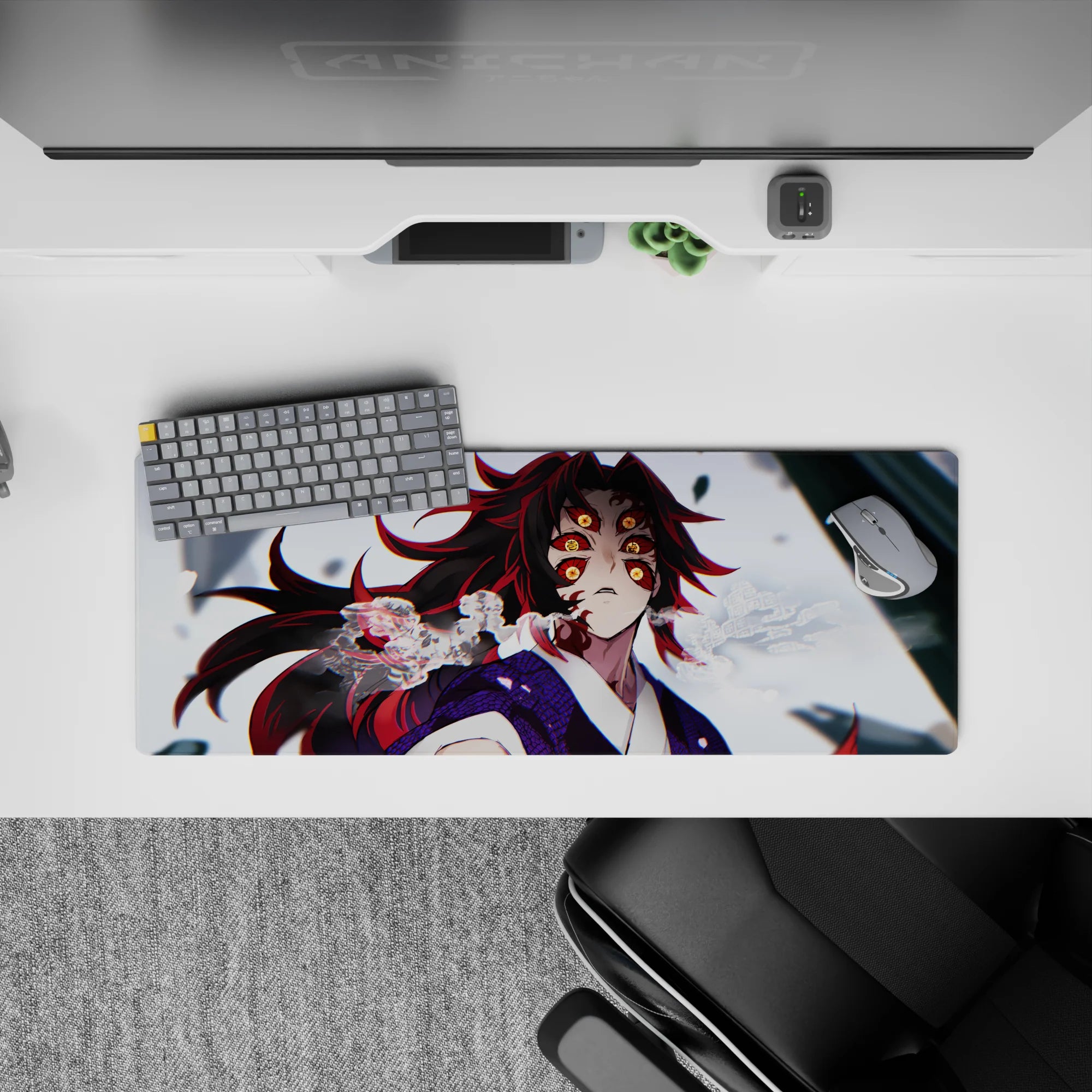 Anime mouse pad 32x12 inches featuring Kokushibo from Demon Slayer with vivid detail and intense, elegant darkness.