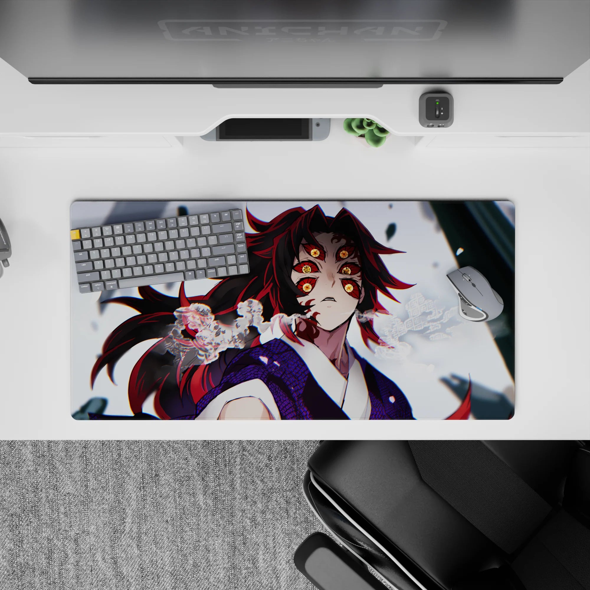 Anime mouse pad featuring Kokushibo from Demon Slayer, size 32x16 inches, showcasing his intense gaze and vibrant colors.
