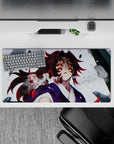 Anime mouse pad featuring Kokushibo from Demon Slayer, size 32x16 inches, showcasing his intense gaze and vibrant colors.