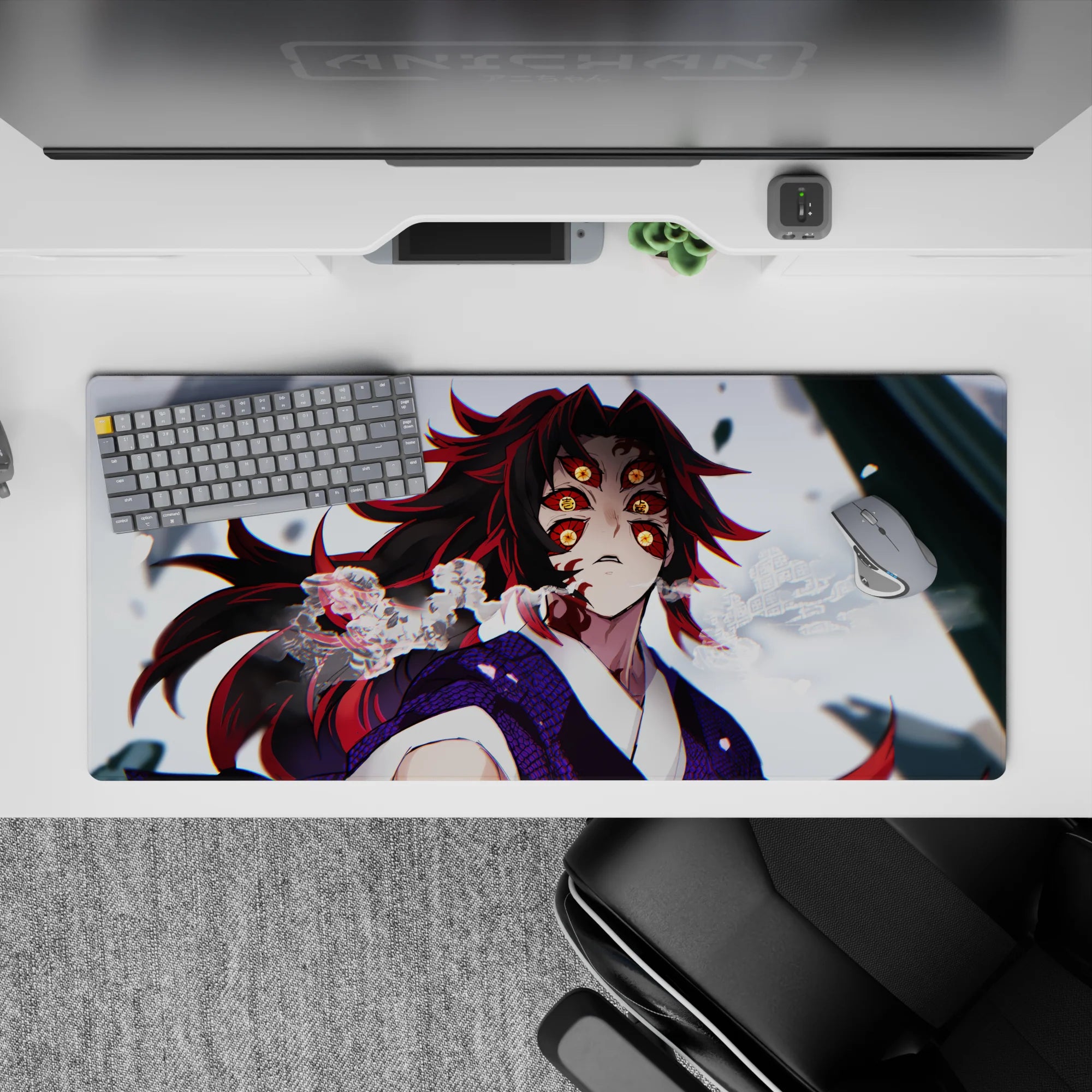 Kokushibo Demon Slayer desk pad 36x16 inches, featuring his hypnotic amber eyes and swirling red and black shadows.