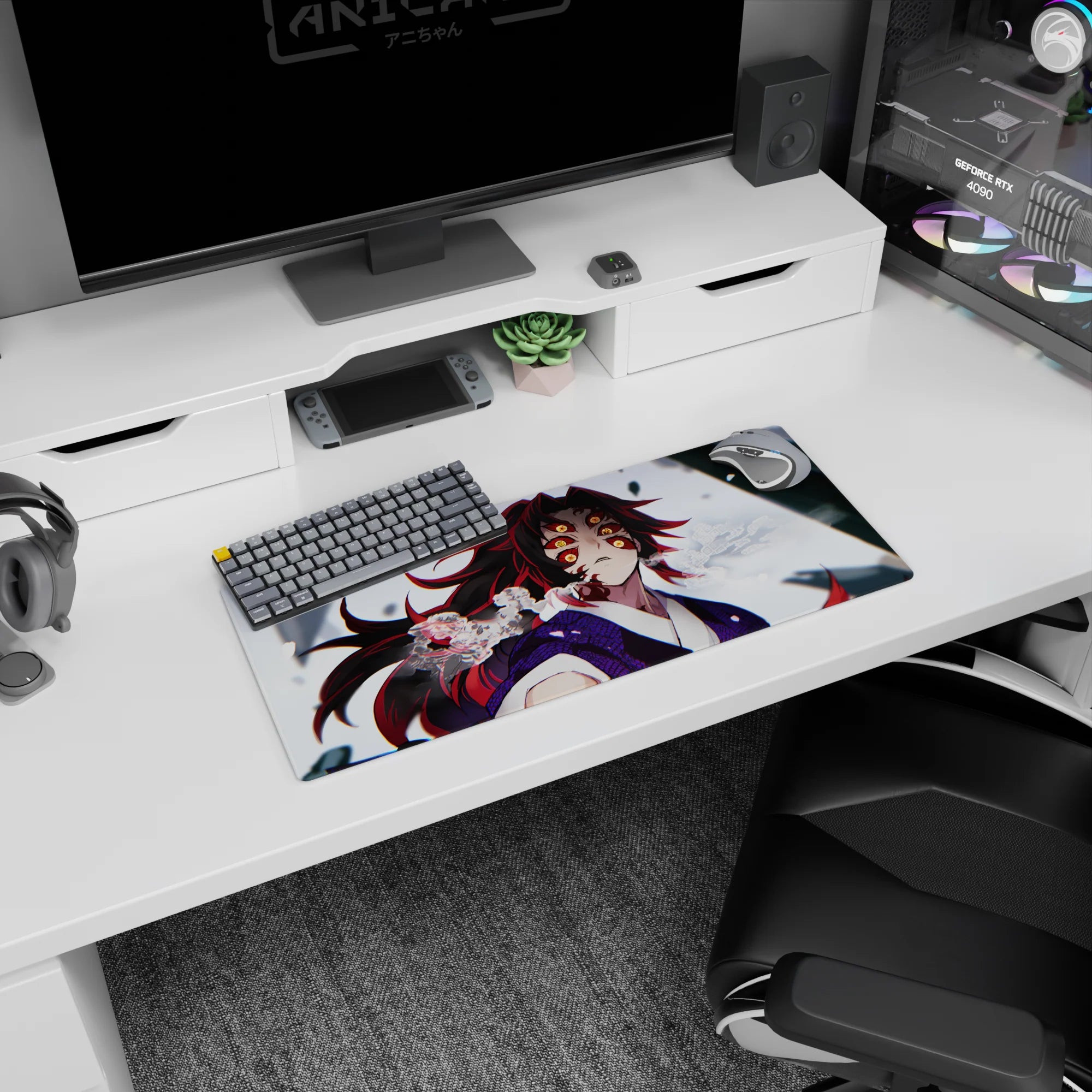 Anime mouse pad featuring Kokushibo from Demon Slayer, size 28x12 inches, with vibrant colors and intricate details.