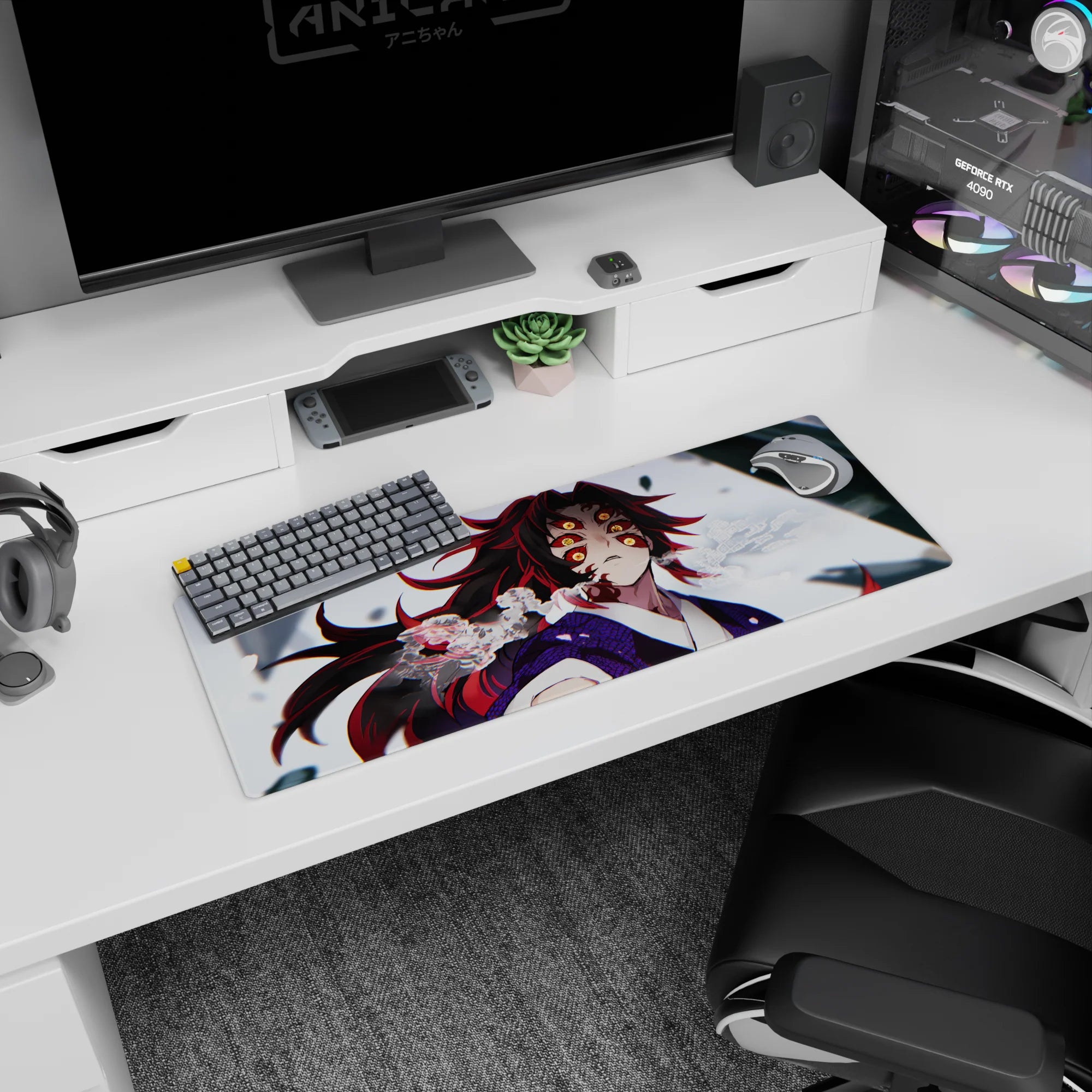 Kokushibo Demon Slayer anime mouse pad, 32x12 inches, featuring intricate details like fierce amber eyes and dynamic swirling colors.