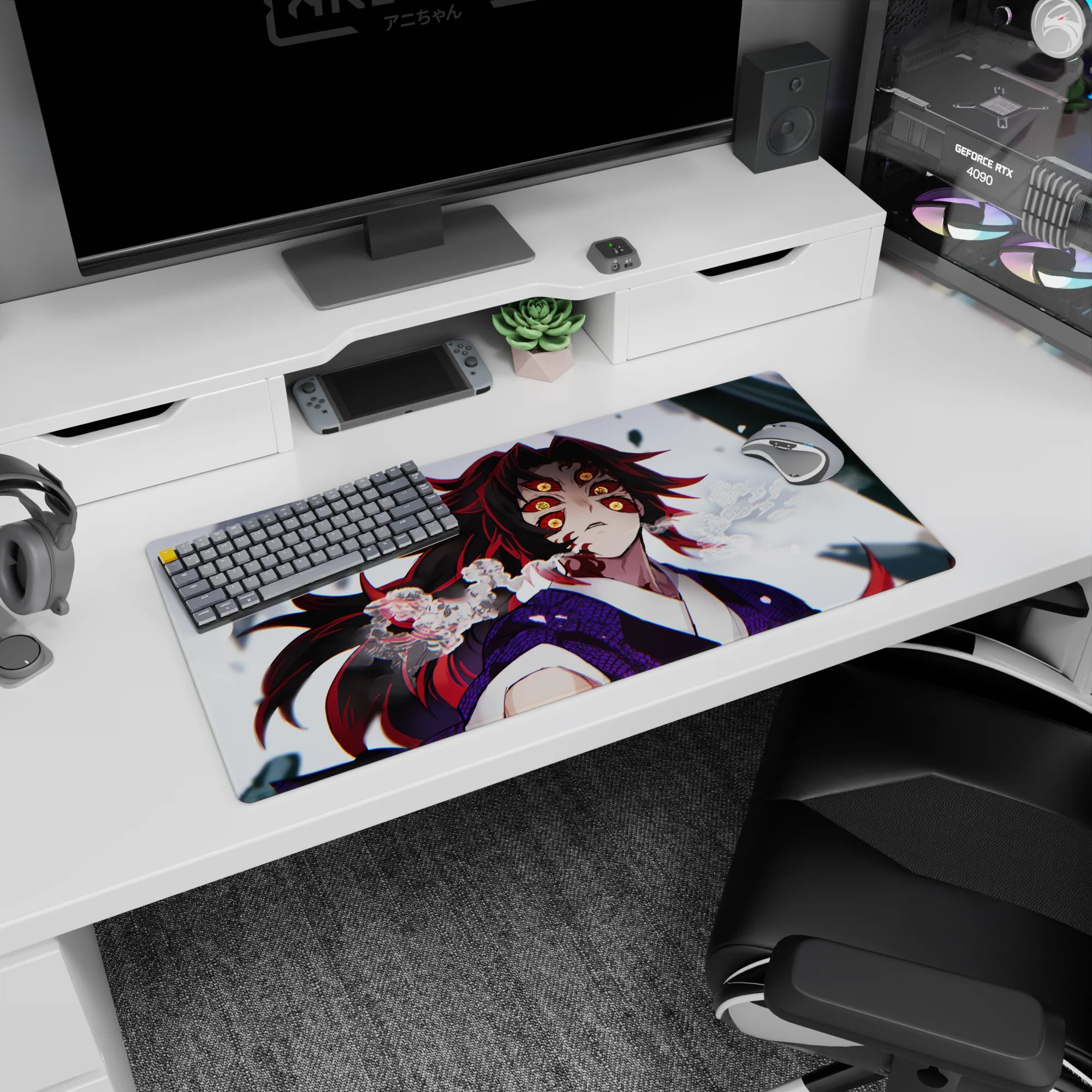 Anime mouse pad featuring Kokushibo from Demon Slayer, size 32x16 inches, with intricate details and vibrant colors.