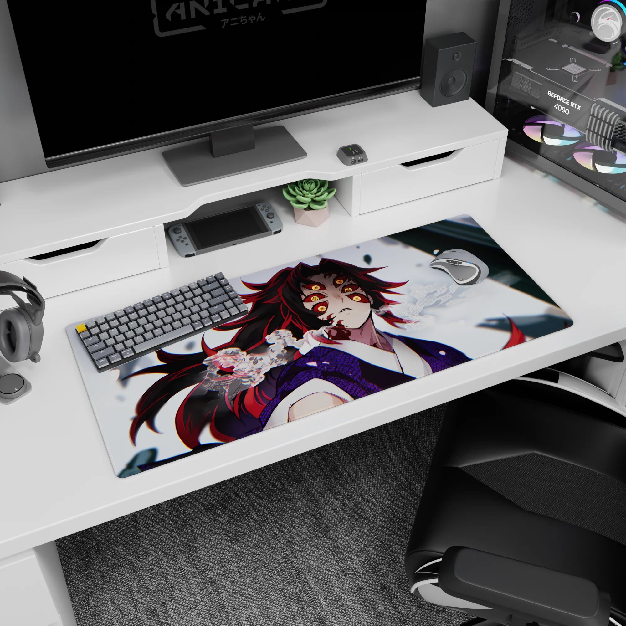 Kokushibo from Demon Slayer anime on a 36x16 inch desk pad, featuring his six amber eyes, red swirls, and inky blue hair.