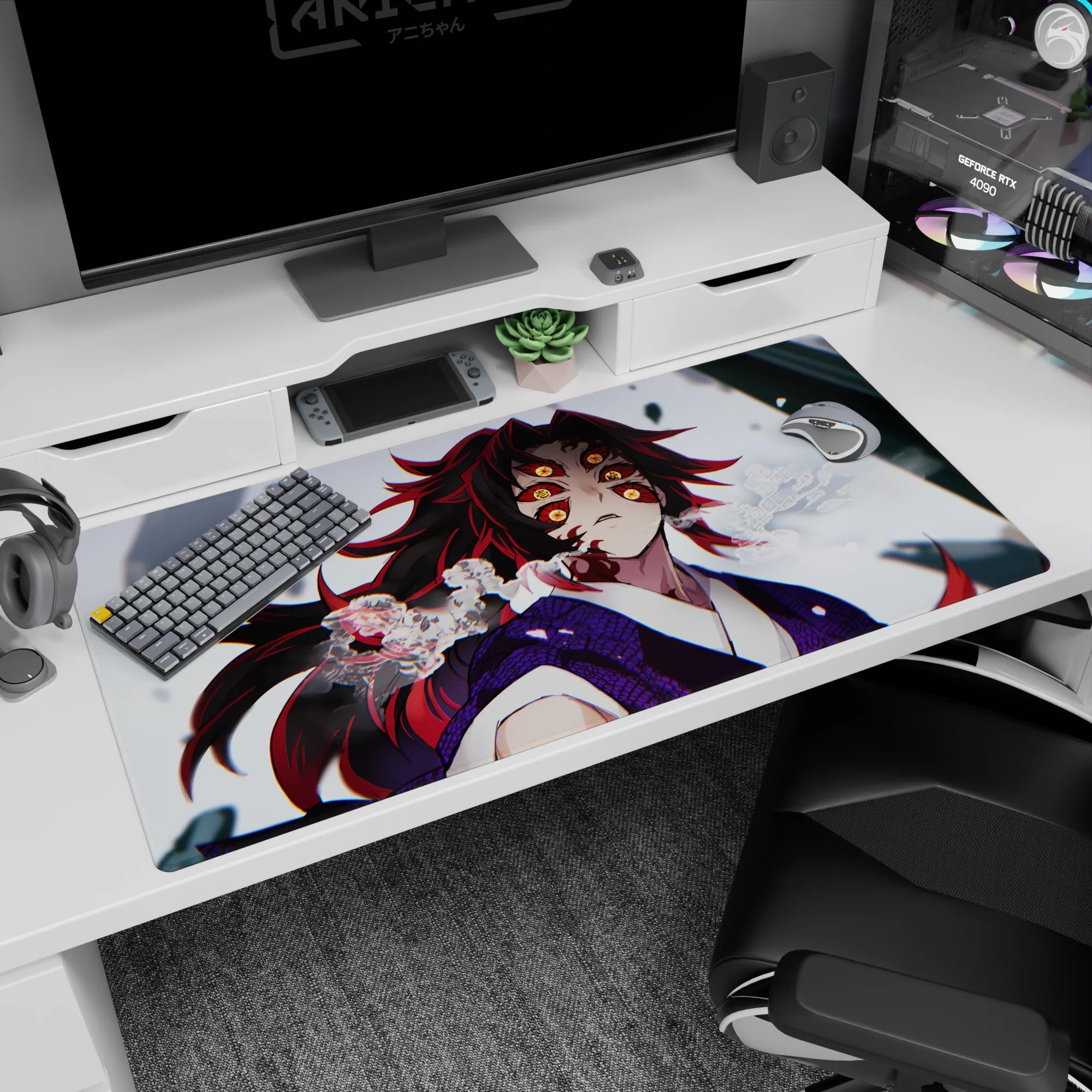 Anime mouse pad featuring Kokushibo from Demon Slayer, size 40x20 inches, with detailed art and vibrant colors.