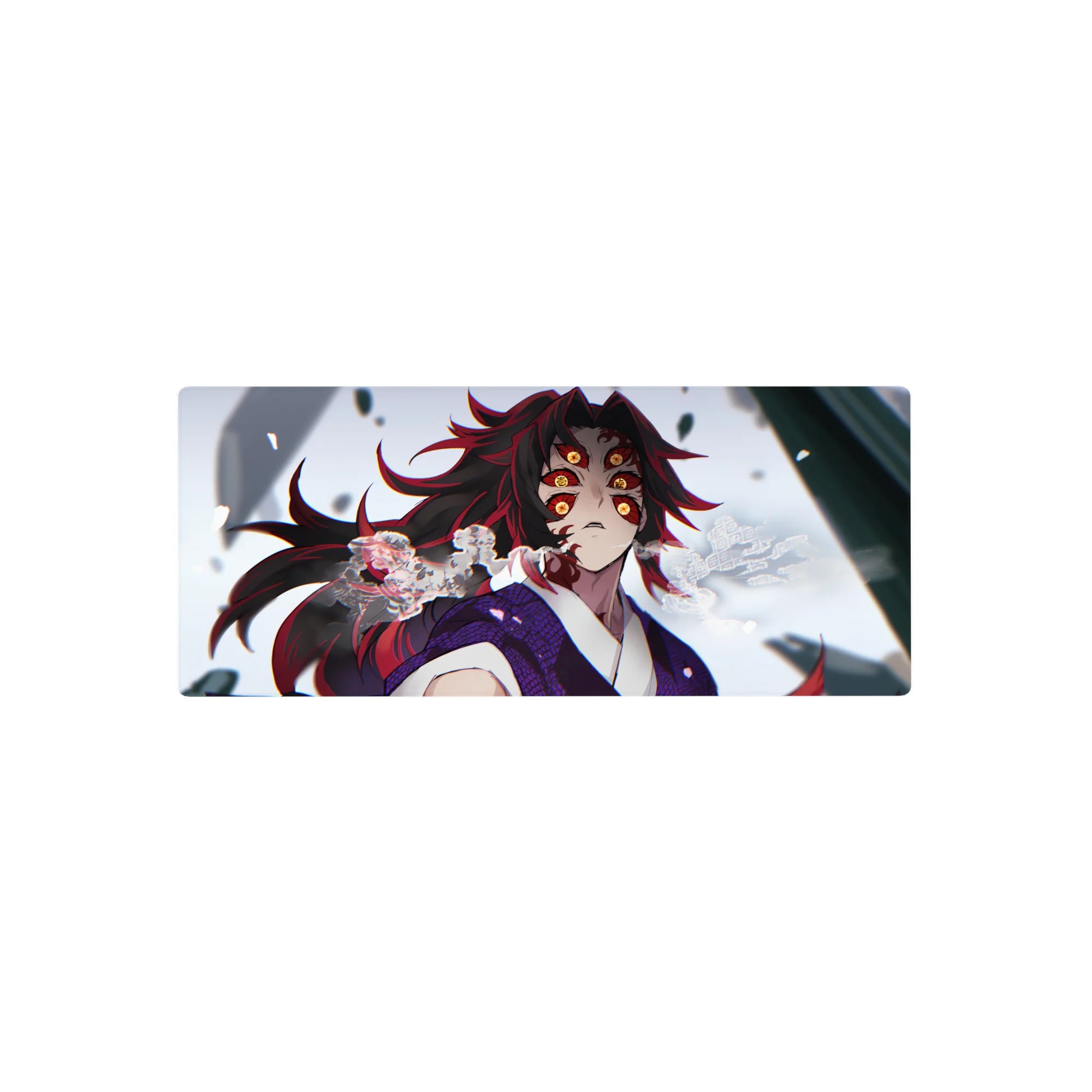 Kokushibo Demon Slayer mouse pad, 28x12 inches, featuring detailed art with glowing amber eyes and swirling red and black shadows.