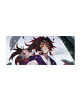 Kokushibo Demon Slayer mouse pad, 28x12 inches, featuring detailed art with glowing amber eyes and swirling red and black shadows.
