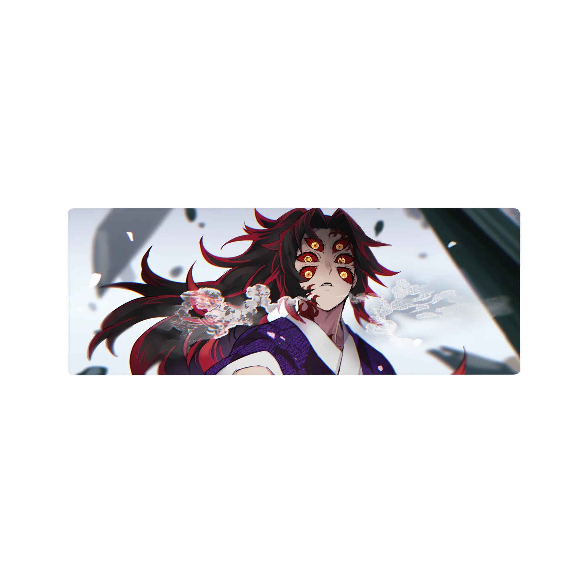 Anime mouse pad 32x12 inches featuring Kokushibo from Demon Slayer, showcasing his six amber eyes and swirling crimson details.