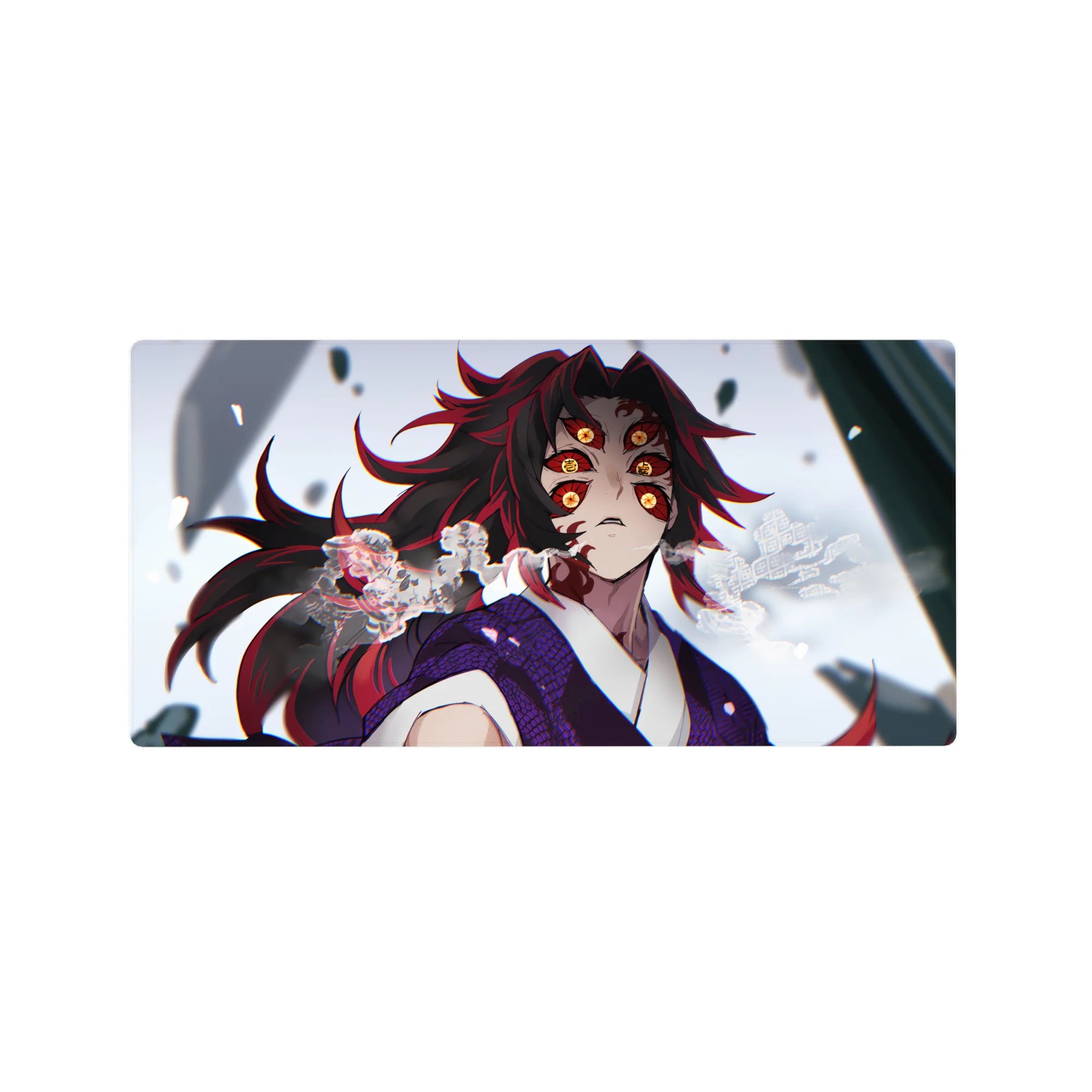Anime mouse pad featuring Kokushibo from Demon Slayer, size 32x16 inches, showcasing his six amber eyes in stunning detail.