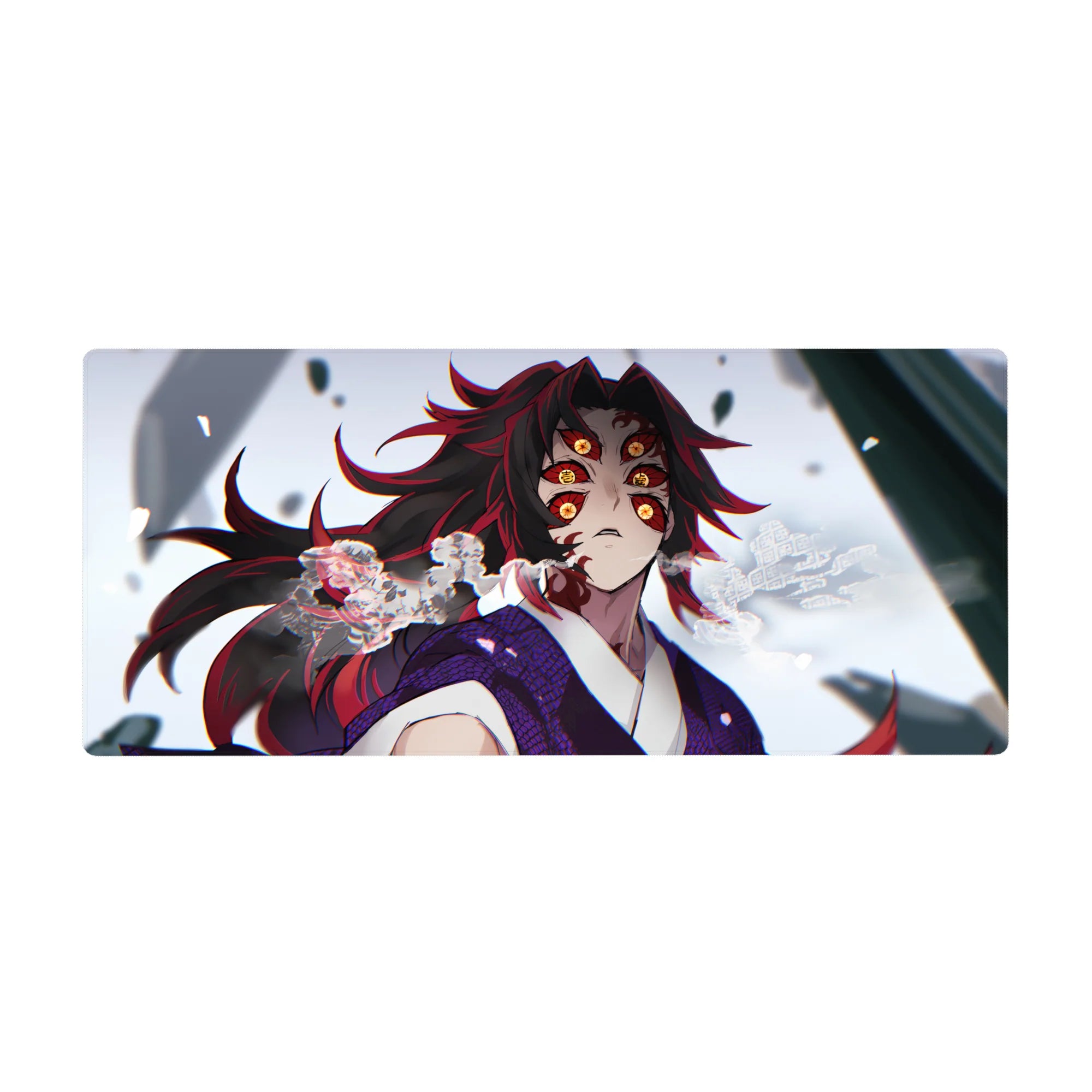 Kokushibo Demon Slayer desk pad, 36x16 inches, with six glowing amber eyes, crimson and black swirls, perfect for fans.