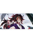 Kokushibo Demon Slayer desk pad, 36x16 inches, with six glowing amber eyes, crimson and black swirls, perfect for fans.