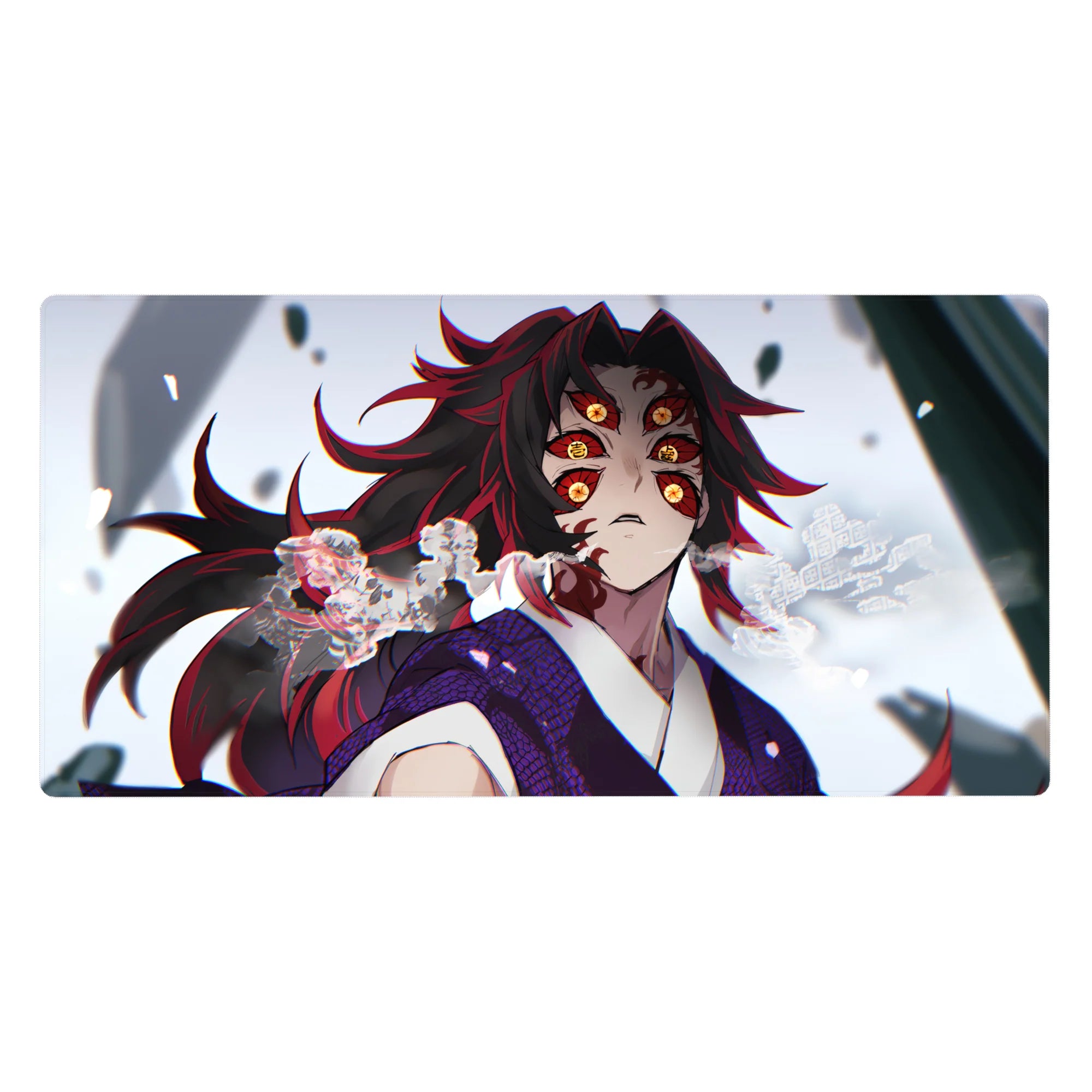 Kokushibo Demon Slayer desk pad, 40x20 inches, features vibrant art with his glowing eyes, red and black swirls, and mist.