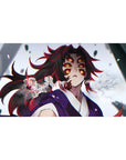 Kokushibo Demon Slayer desk pad, 40x20 inches, features vibrant art with his glowing eyes, red and black swirls, and mist.