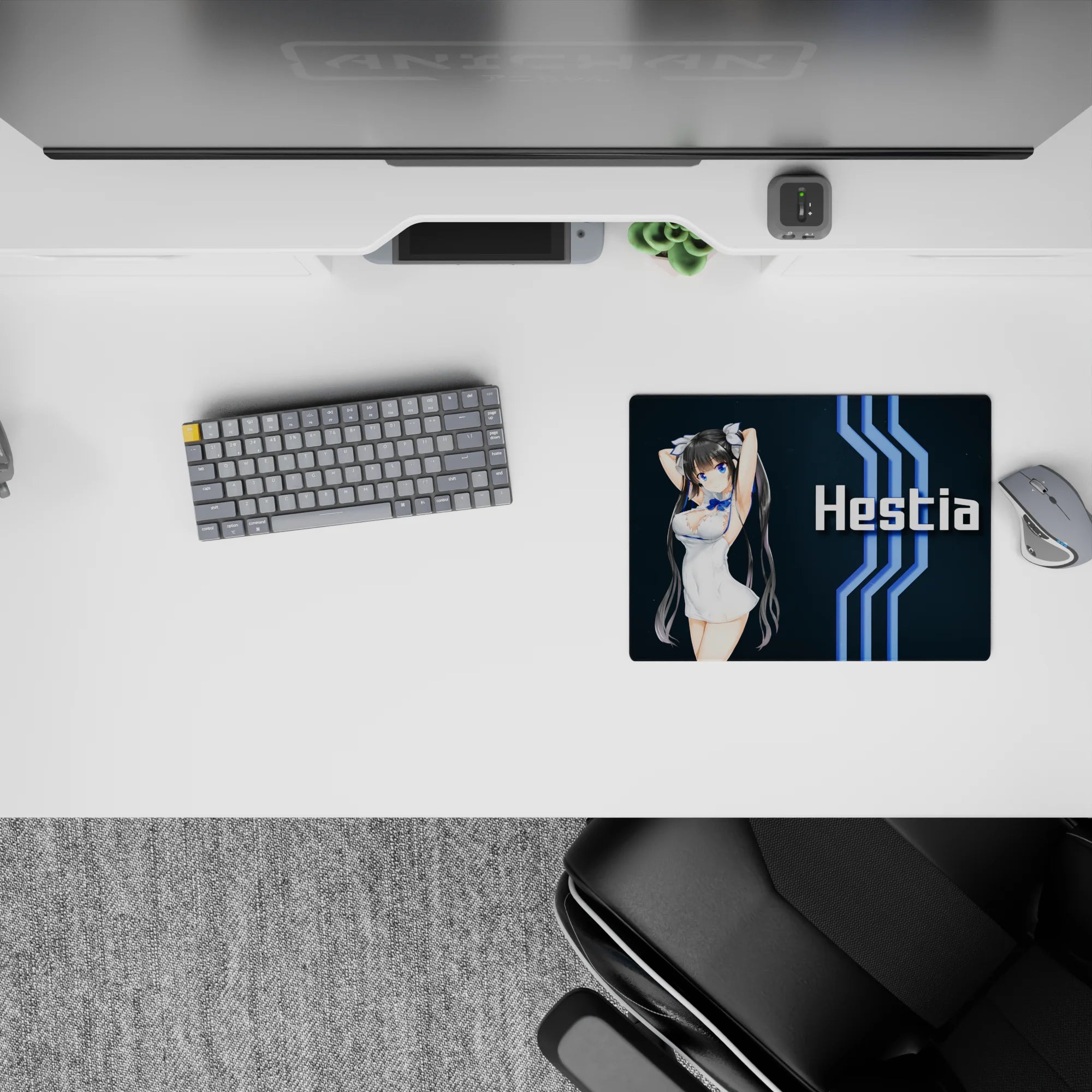 Classic anime girl mouse pad 14x10 inches in deep navy with white text and electric-blue stripes.