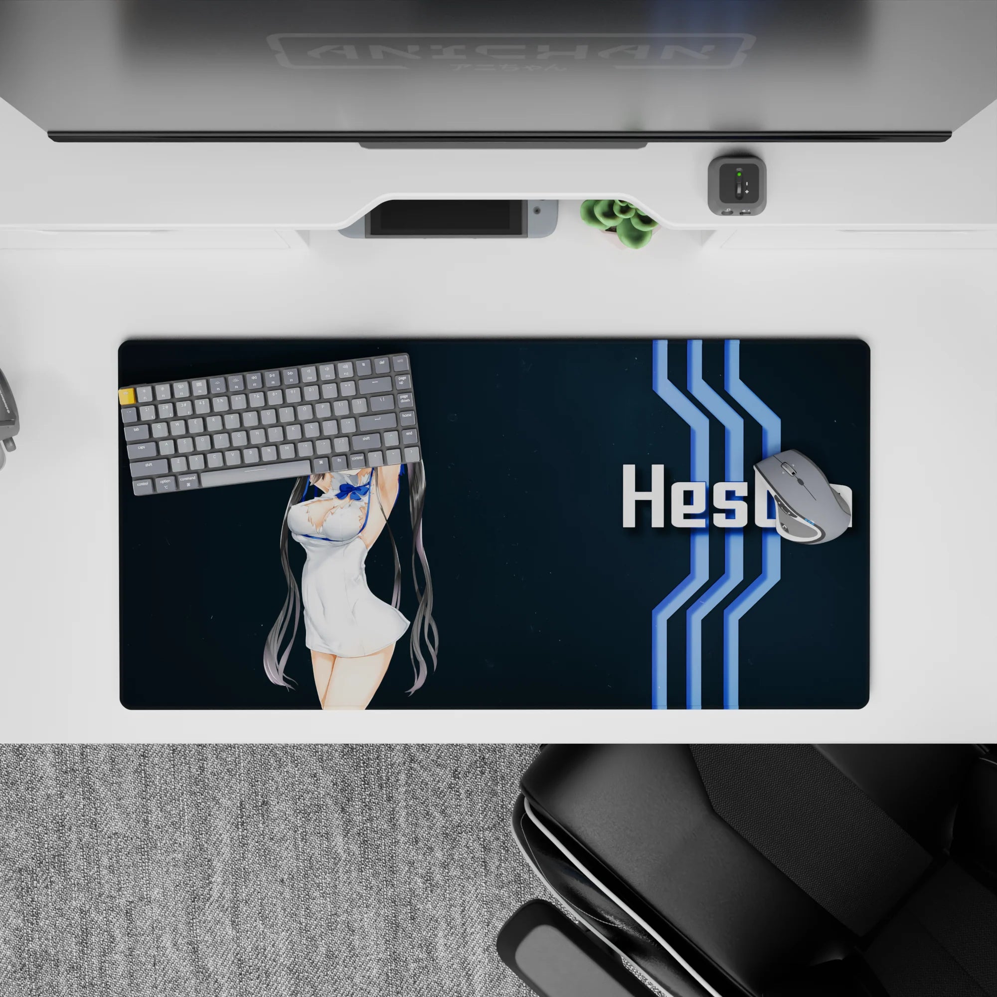 32x16 inches sci-fi anime mouse pad in deep navy with crisp white text and electric-blue stripes.