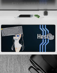 32x16 inches sci-fi anime mouse pad in deep navy with crisp white text and electric-blue stripes.