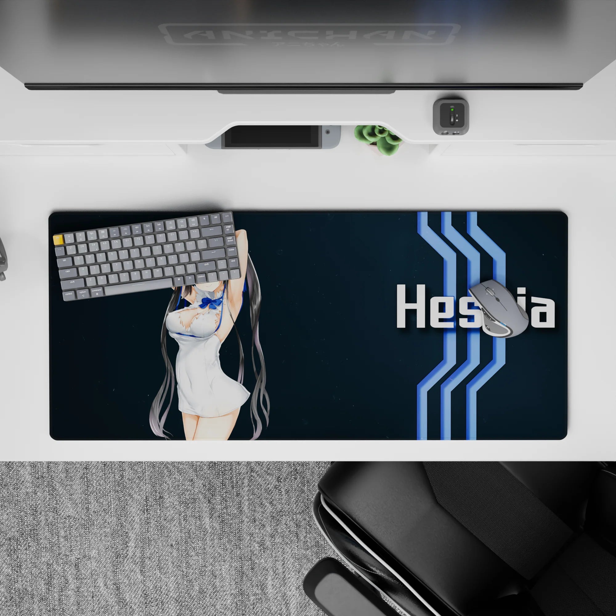 36x16 inches anime desk pad in deep navy with crisp white text and electric-blue stripes, sleek sci-fi vibe.