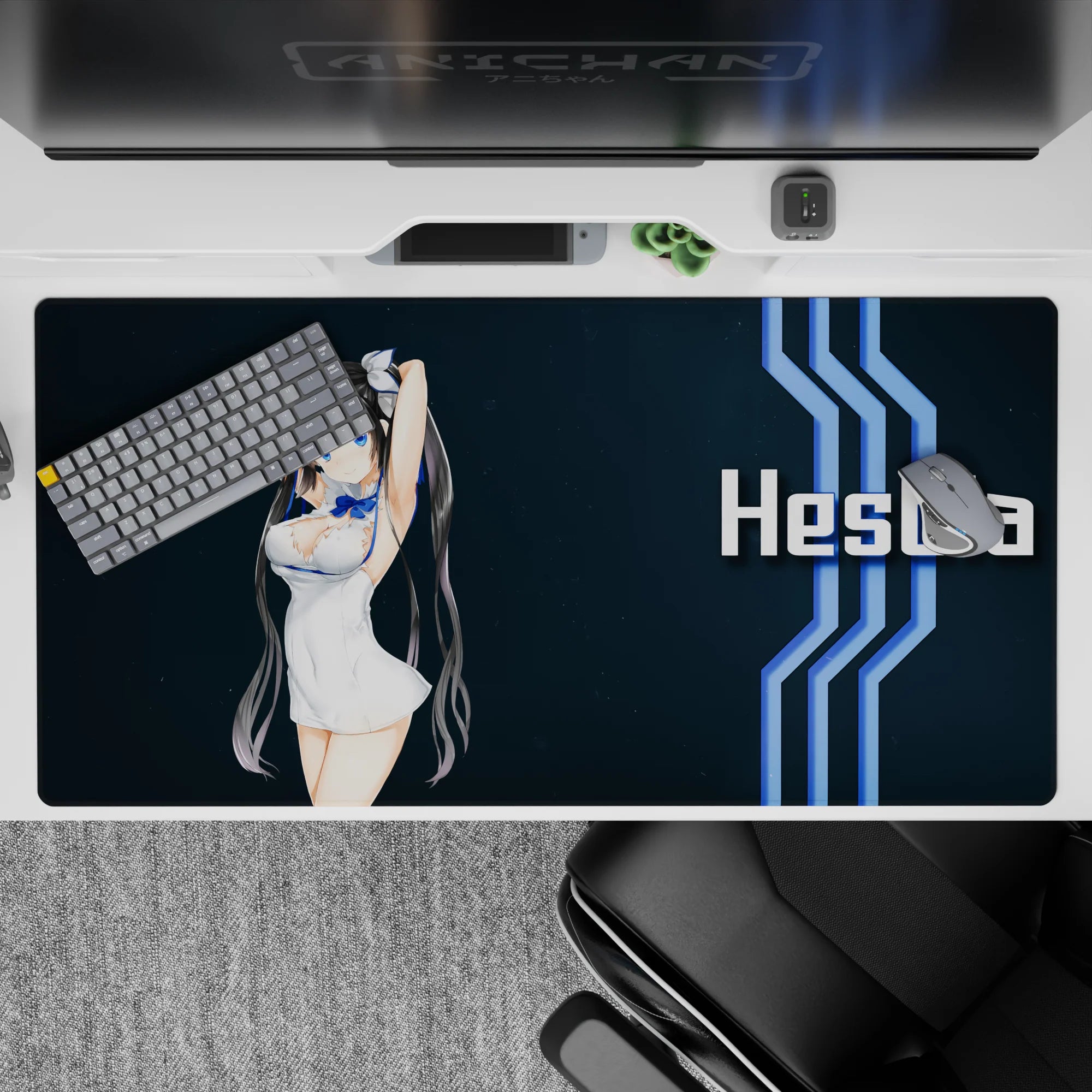 Electric-blue striped anime desk pad 40x20 inches, deep navy space theme, clean futuristic vibe.