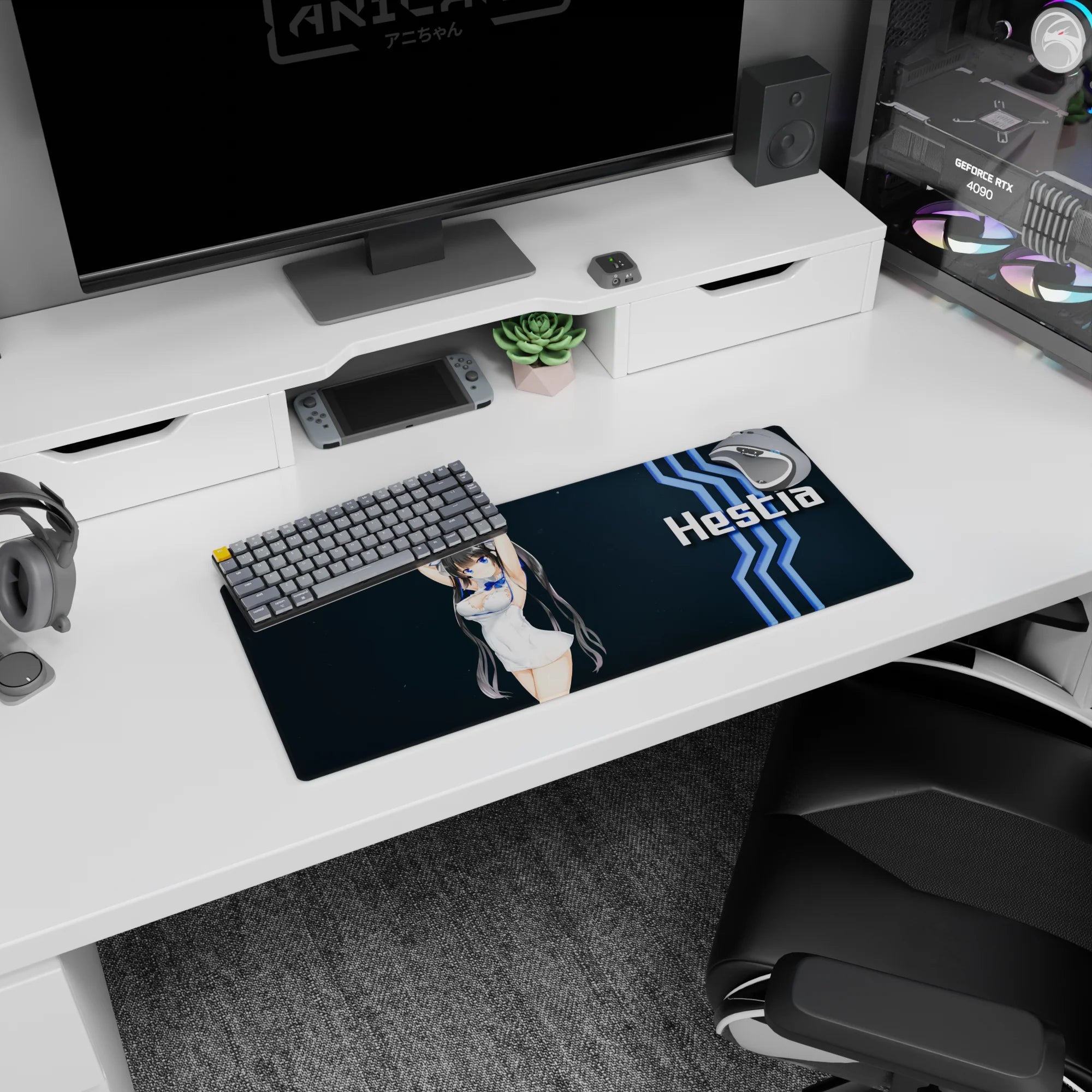 28x12 inches Hestia DanMachi mouse pad, cute twin tails and mischievous look on a spacey navy backdrop.