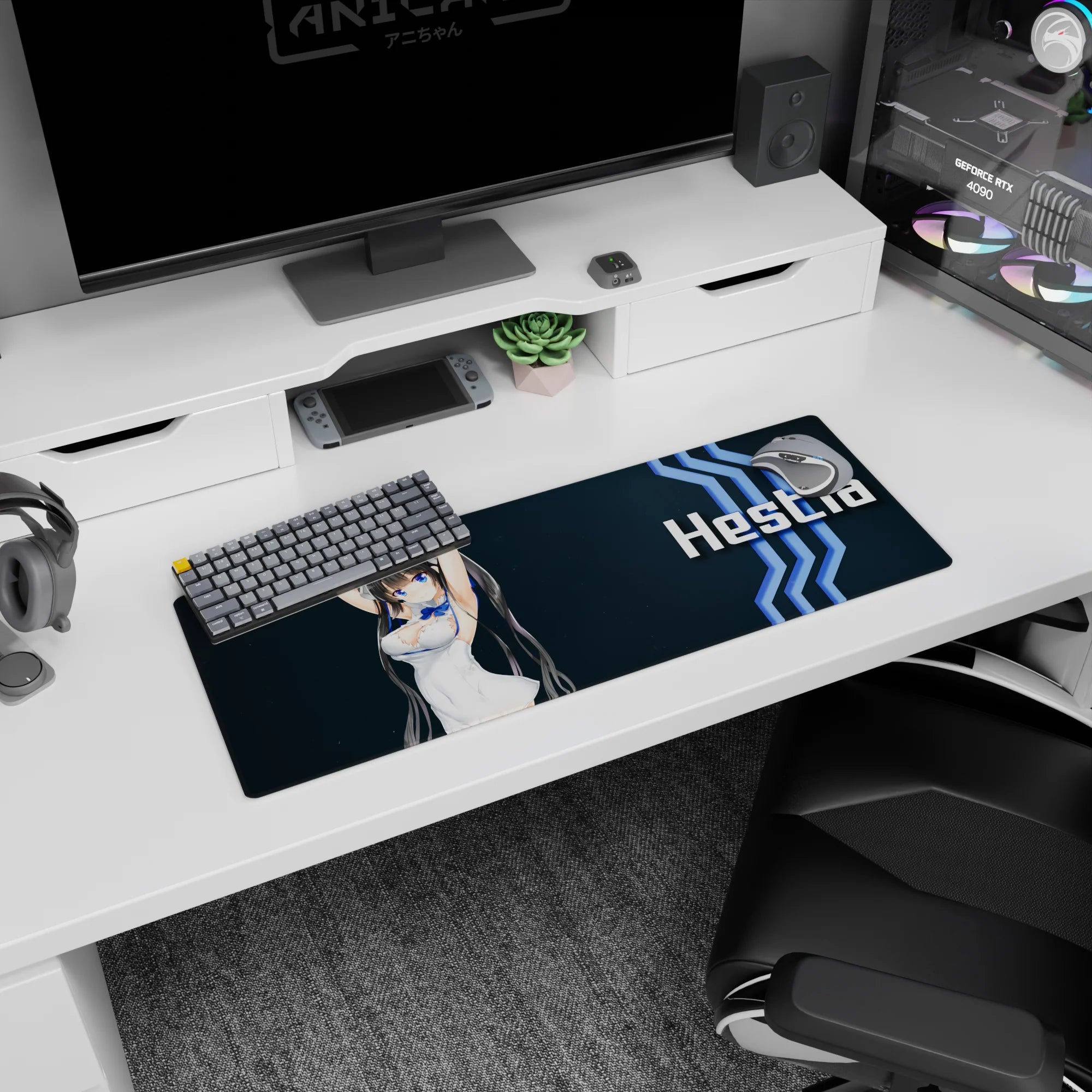 32x12 inches Hestia DanMachi mouse pad, cute twin tails and mischievous pose on a sleek sci-fi background.