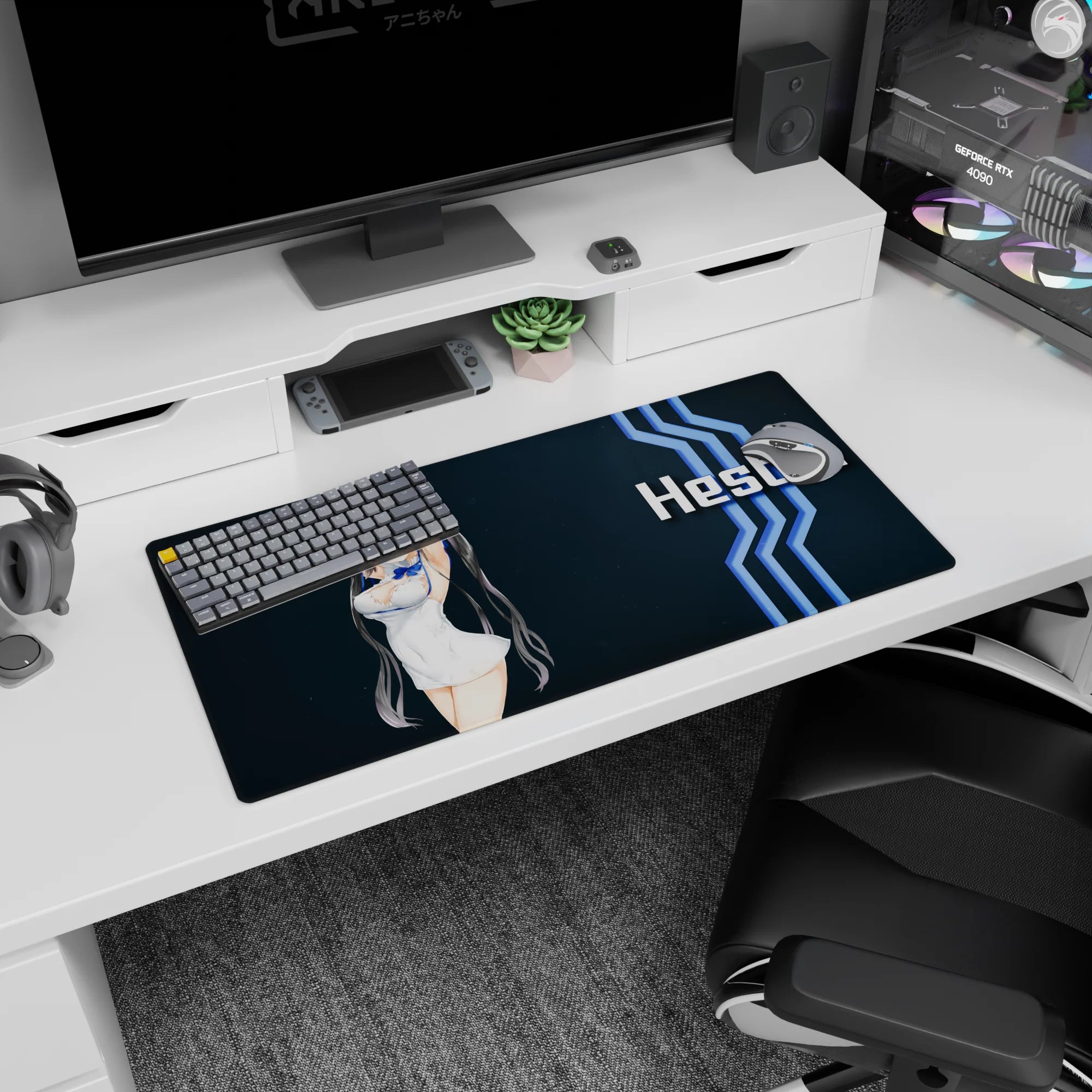32x16 inches Hestia DanMachi mouse pad, cute twin tails and mischievous look, perfect for desk setup.