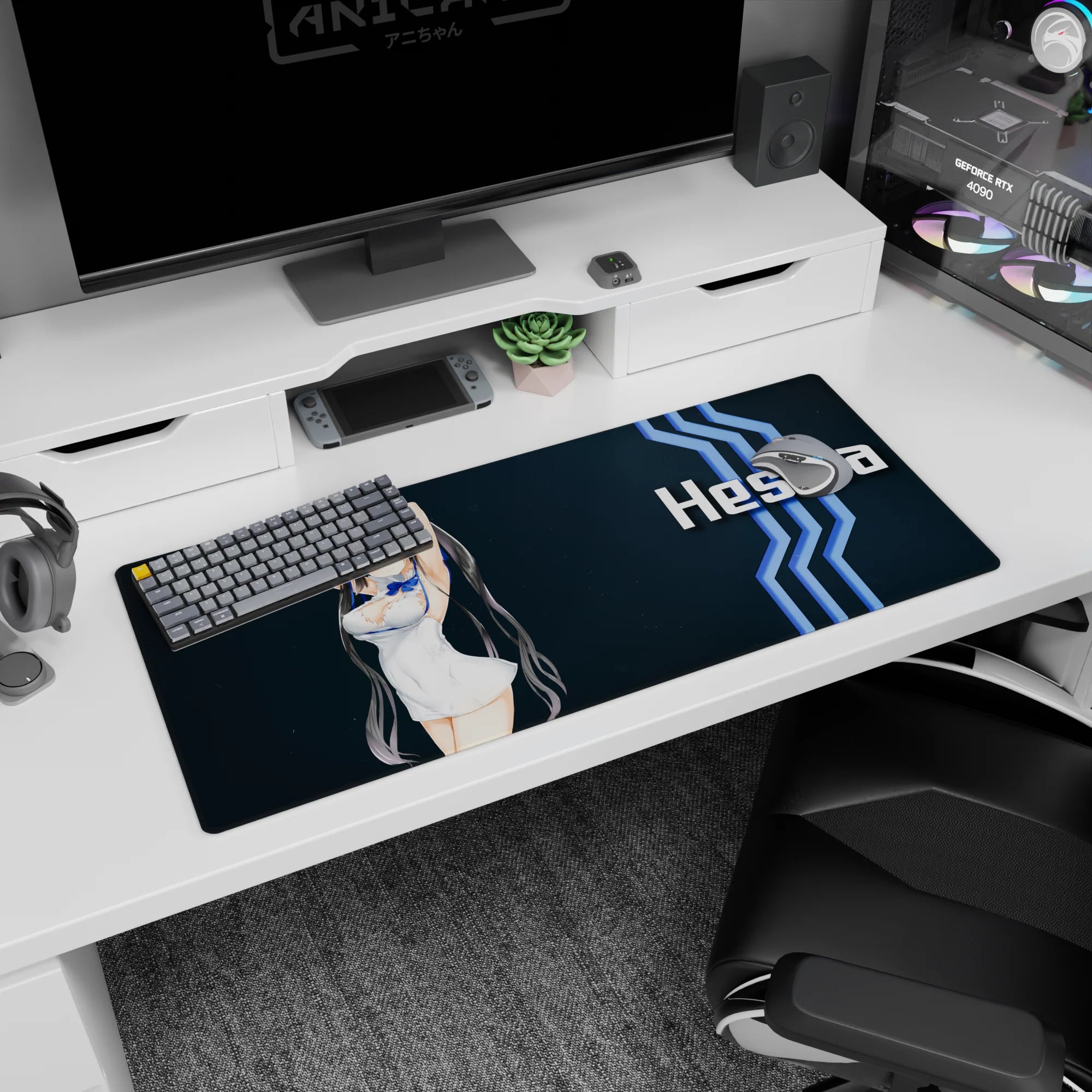 Hestia from DanMachi cute twin tails and mischievous look on a 36x16 inches anime desk pad.