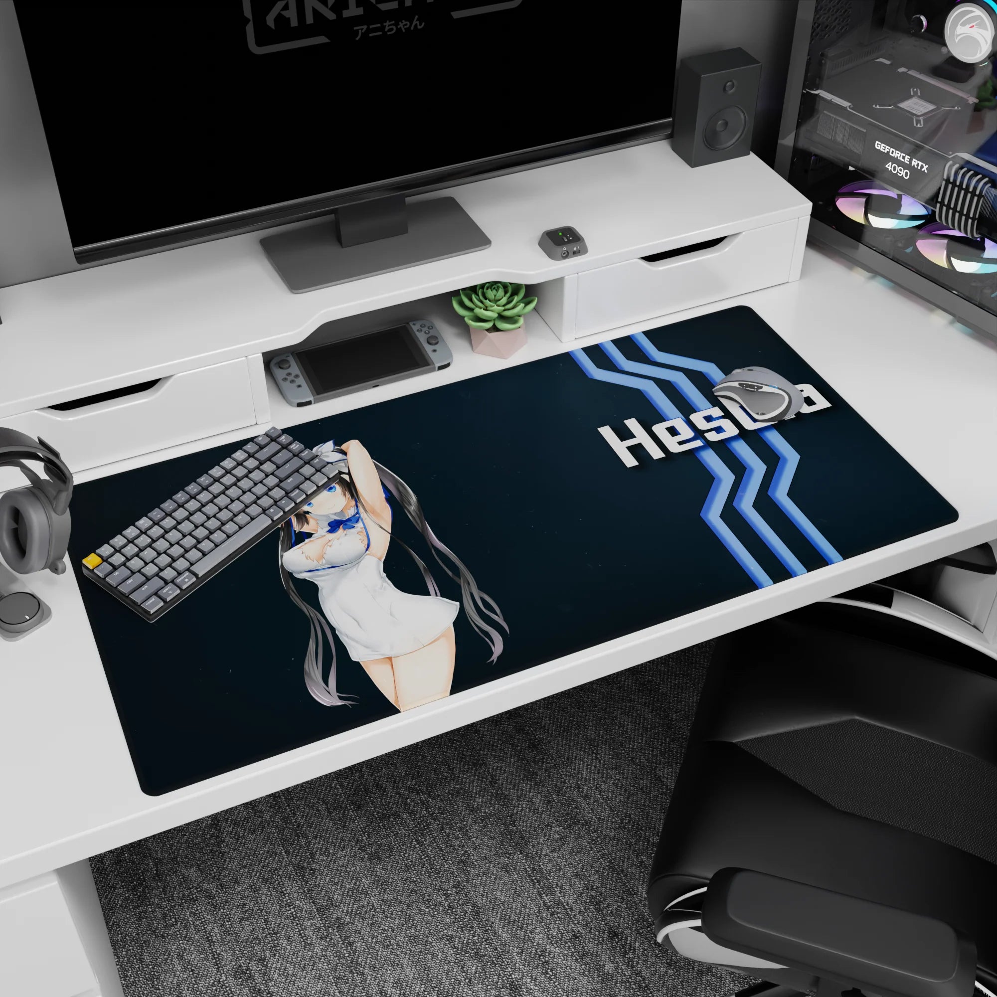 Hestia DanMachi anime girl desk pad 40x20 inches, cute twin tails and mischievous smile.