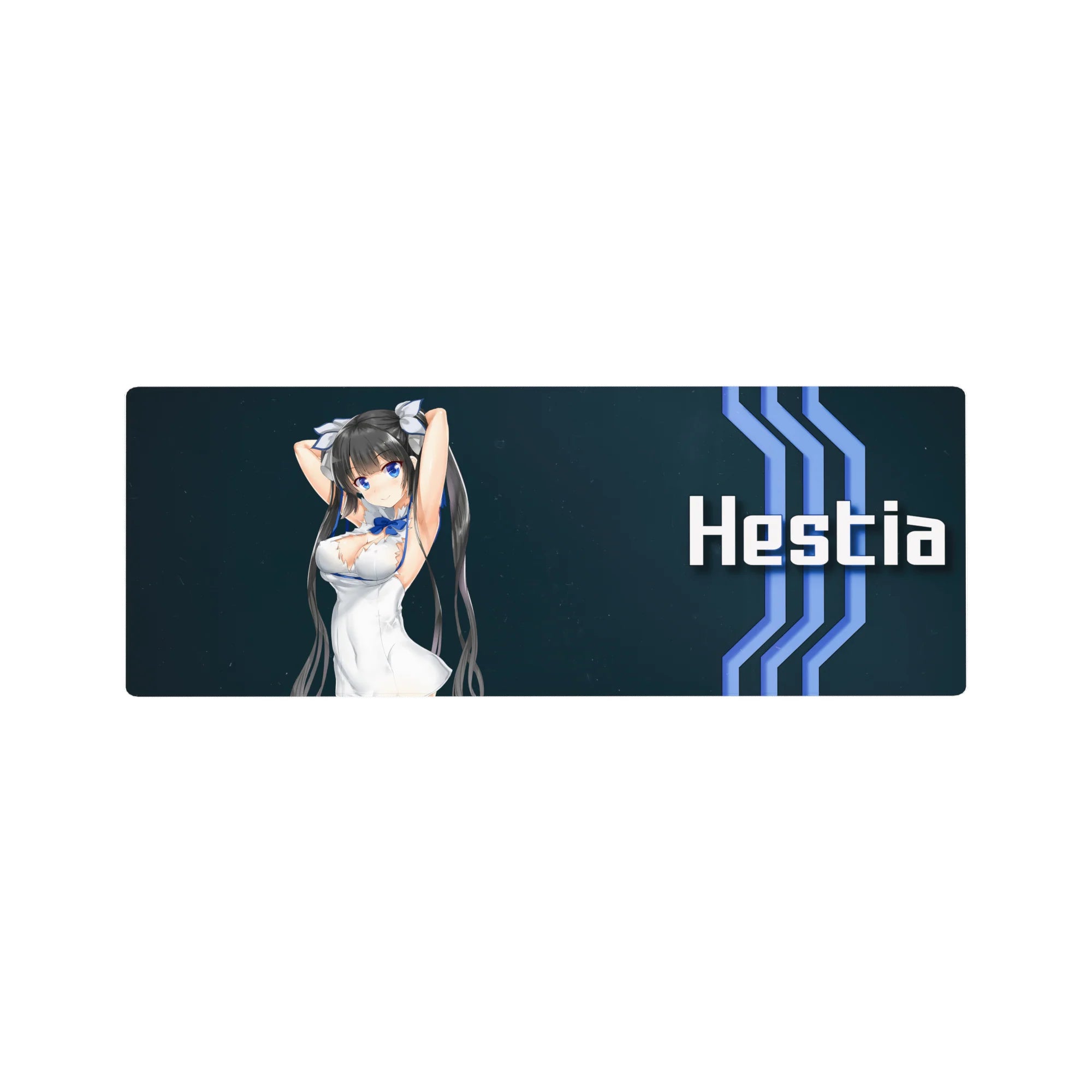 32x12 inches anime girl desk mouse pad with deep navy sci-fi backdrop, white text, blue stripes.